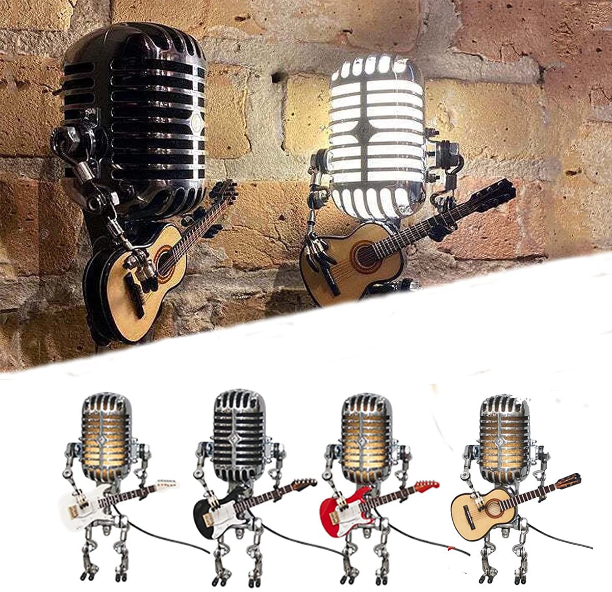 **ZUYOKI Retro Robot Lamp with Guitar & LED Dimmer - Vintage Microphone Table Lamp for Bedroom, Bar, Restaurant - White (Perfect for Home Decor, Music Lovers & Vintage Theme Parties)**