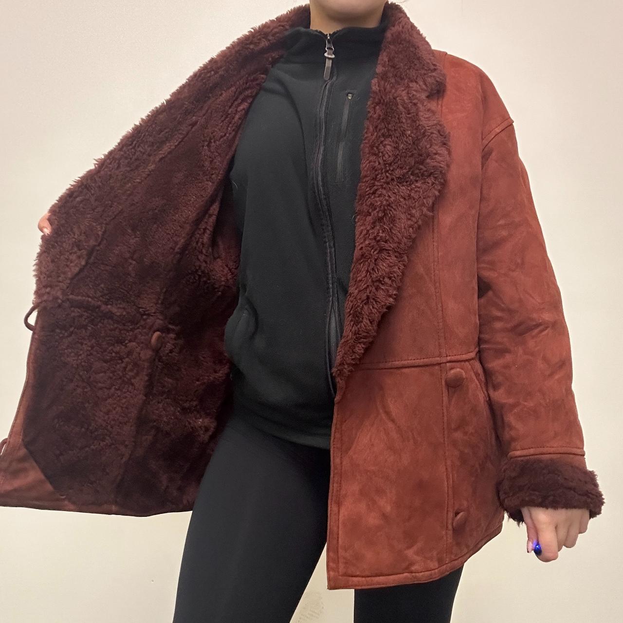 Anne Klein Women's Red Shearling Suede Sheepskin Coat - Size UK 12 | Winter Warm Long Coat for Women | Perfect for Cold Weather, Outdoor Activities & Fashion Styling