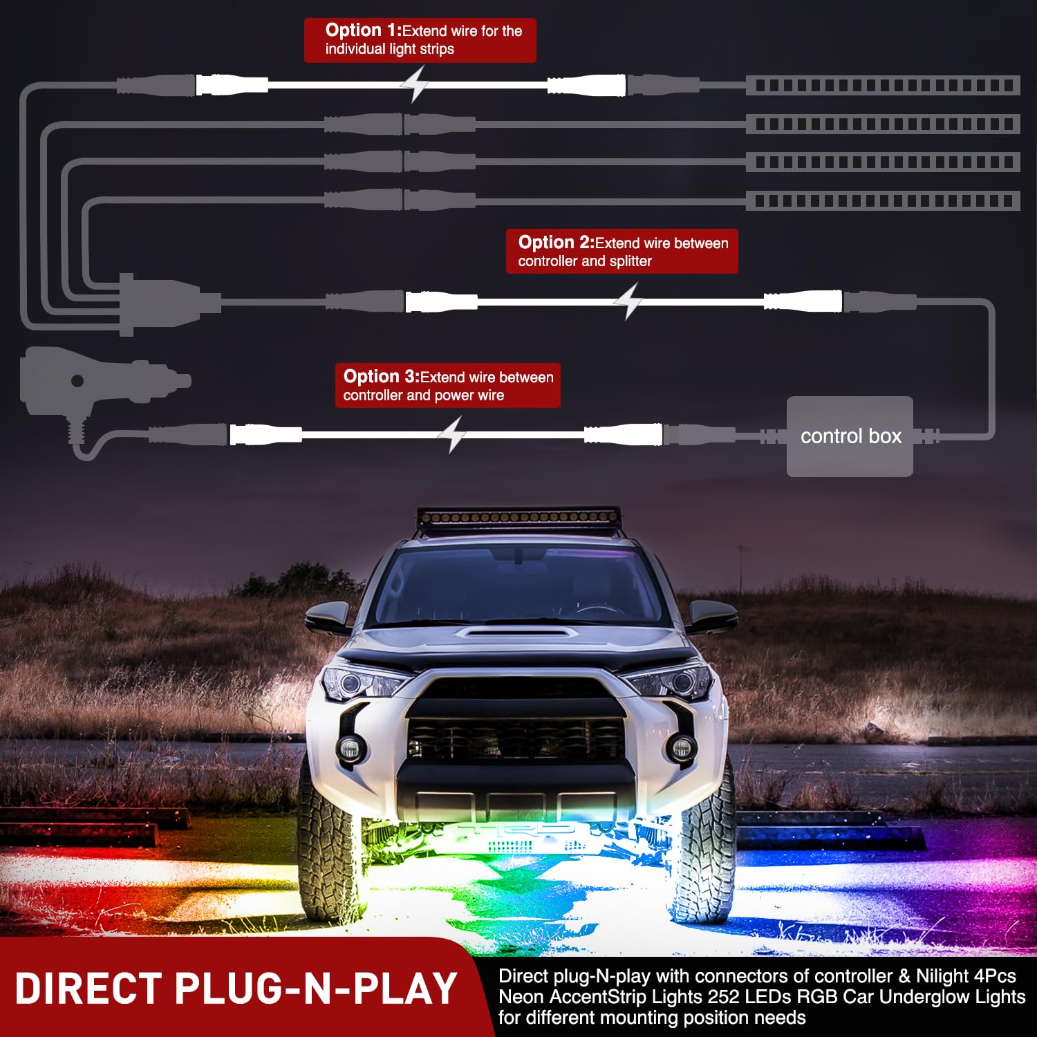 4Pin RGB Underglow Light Extension Wire 2Pcs - LED Strip Connector Cable for PC Case, Car, Motorcycle & Home Decoration Lighting Accessories