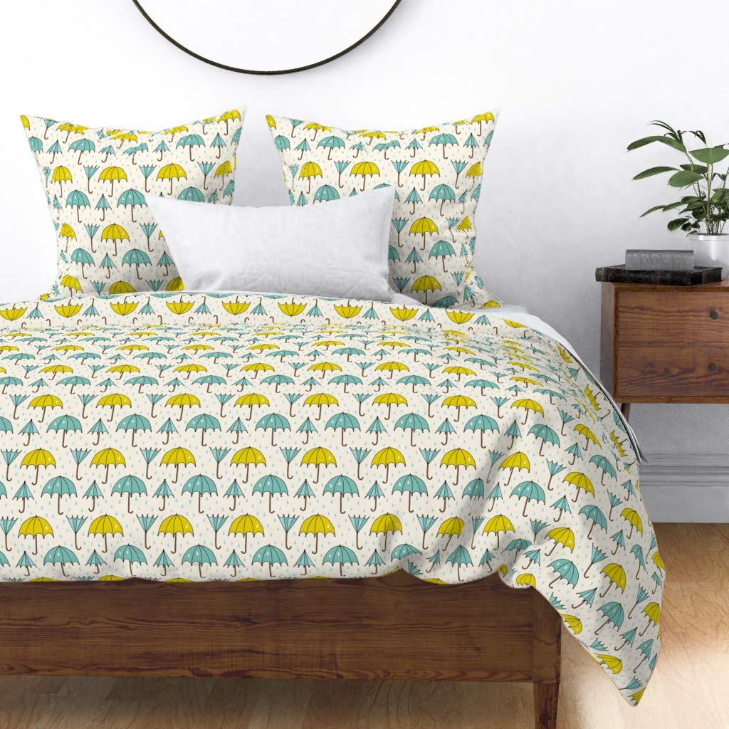 Umbrella Raindrops Print Cotton Sateen Duvet Cover Full/Queen Size - Gender Neutral Sky Blue & Teal Spring Weather Design for Nursery, Guest Room & Master Bedroom Decor