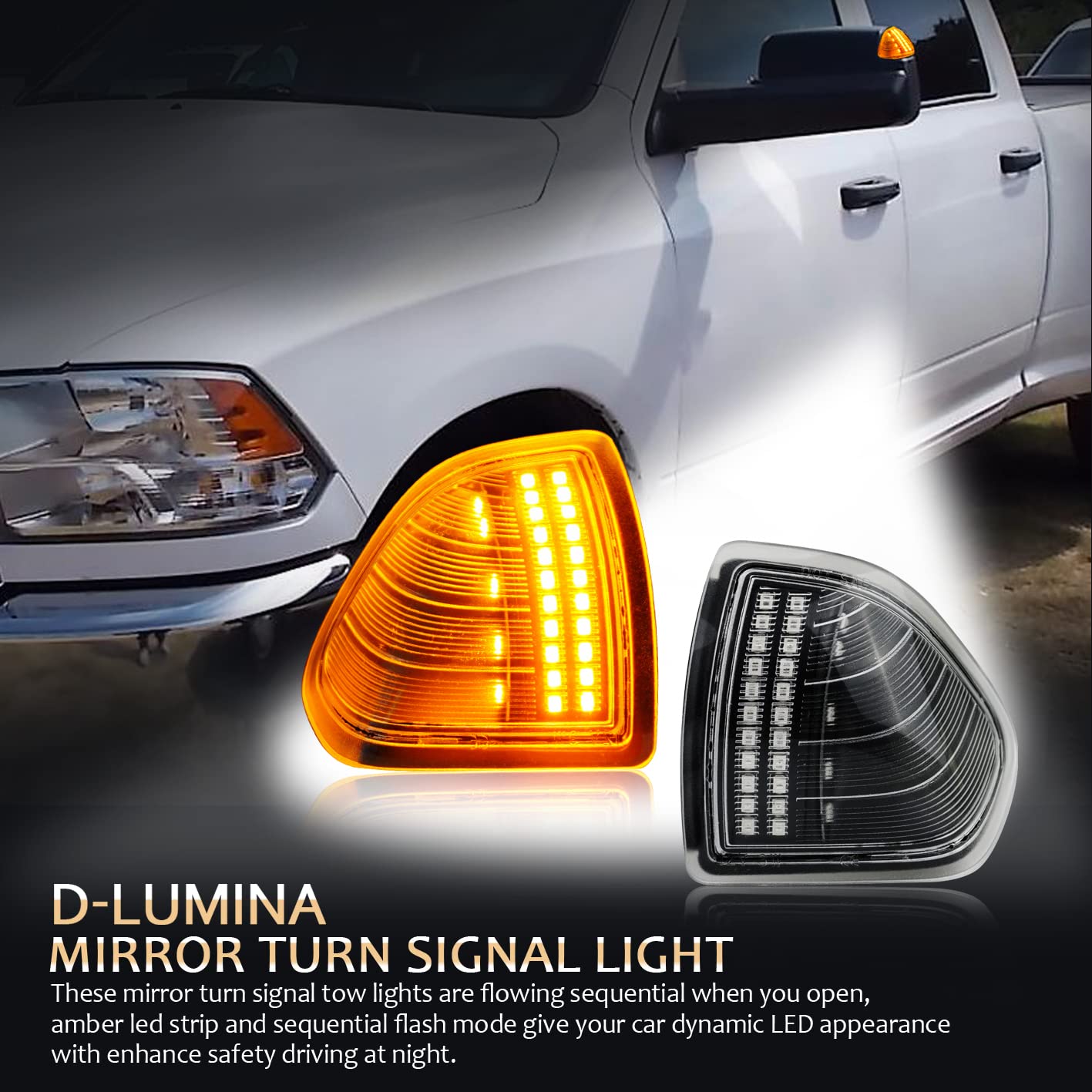 D-Lumina LED Side Mirror Turn Signal Lights - Clear Cover Lens for 2010-2018 Dodge Ram 1500/2500/3500/4500/5500 - Replacement for 68302828AA & 68302829AA - Pack of 2 - Perfect for Enhanced Night Visibility & Safety Driving