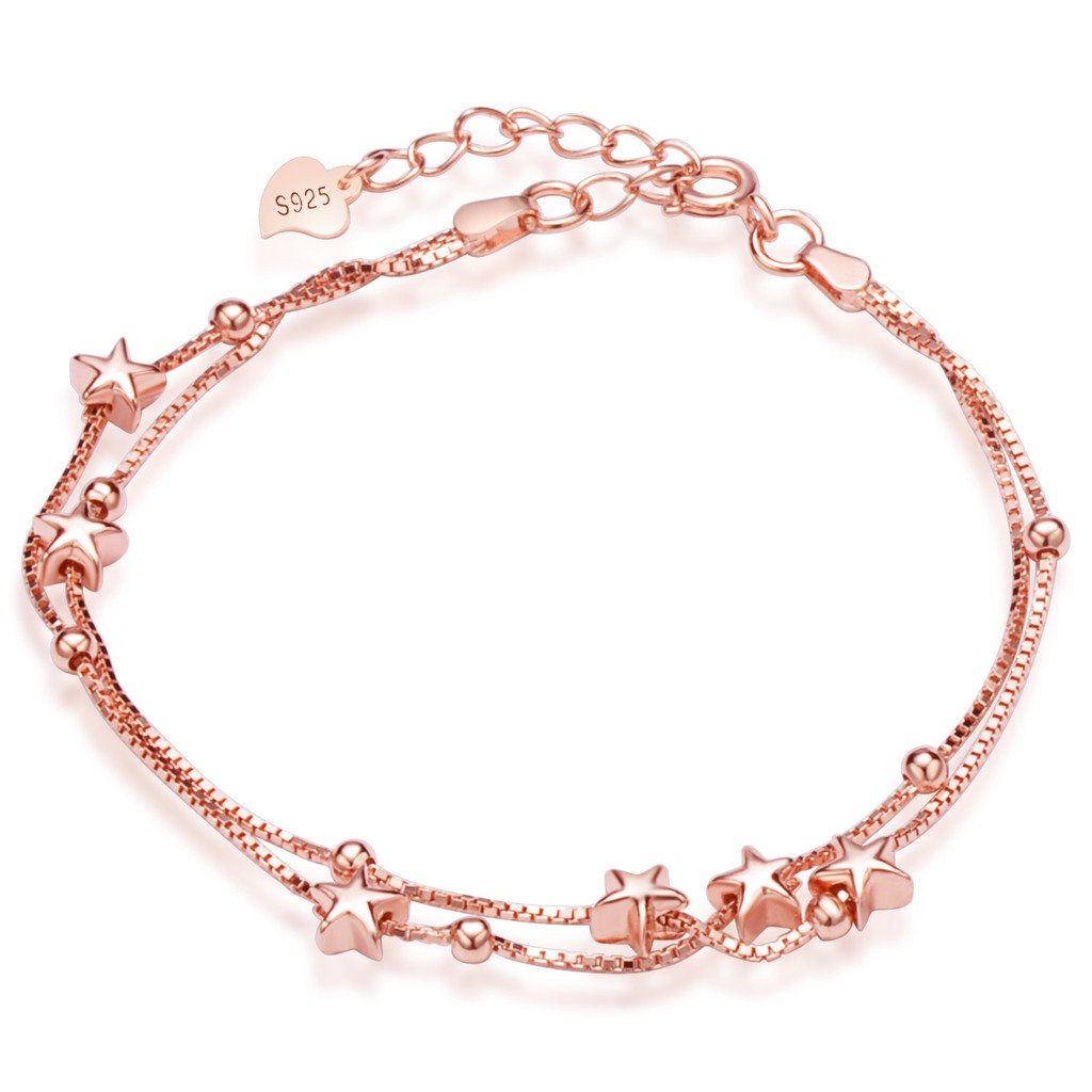 925 Sterling Silver Adjustable Multi-Strand Charm Bracelet with Rose Gold Star Charms - Elegant Link Chain Bangle for Women, Perfect for Everyday Wear, Date Nights & Special Occasions