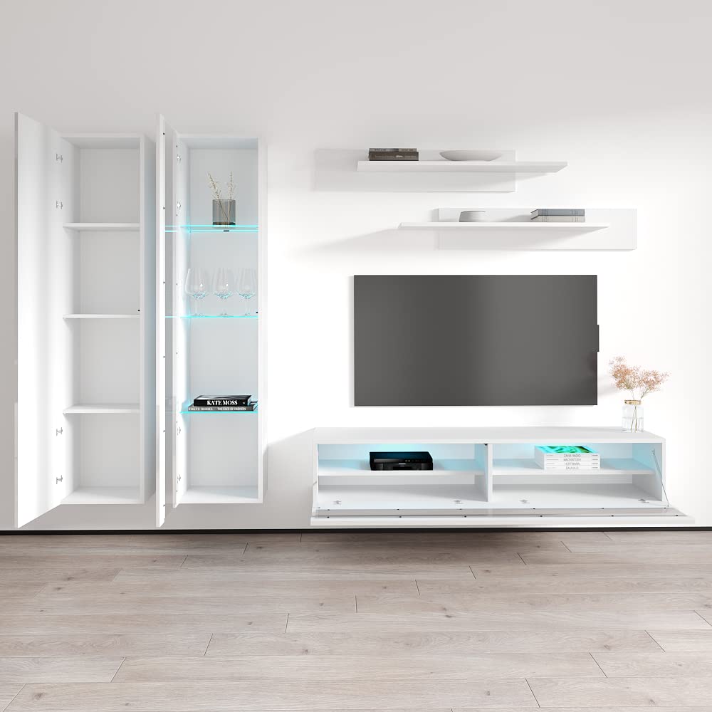 Modern White Wall-Mounted TV Stand with Storage Shelves & LED Lights - Floating Entertainment Center Console for Living Room & Bedroom - Perfect for Small Spaces, Apartments, and Home Theater Setups - Meble Furniture Fly A4 35TV Stand