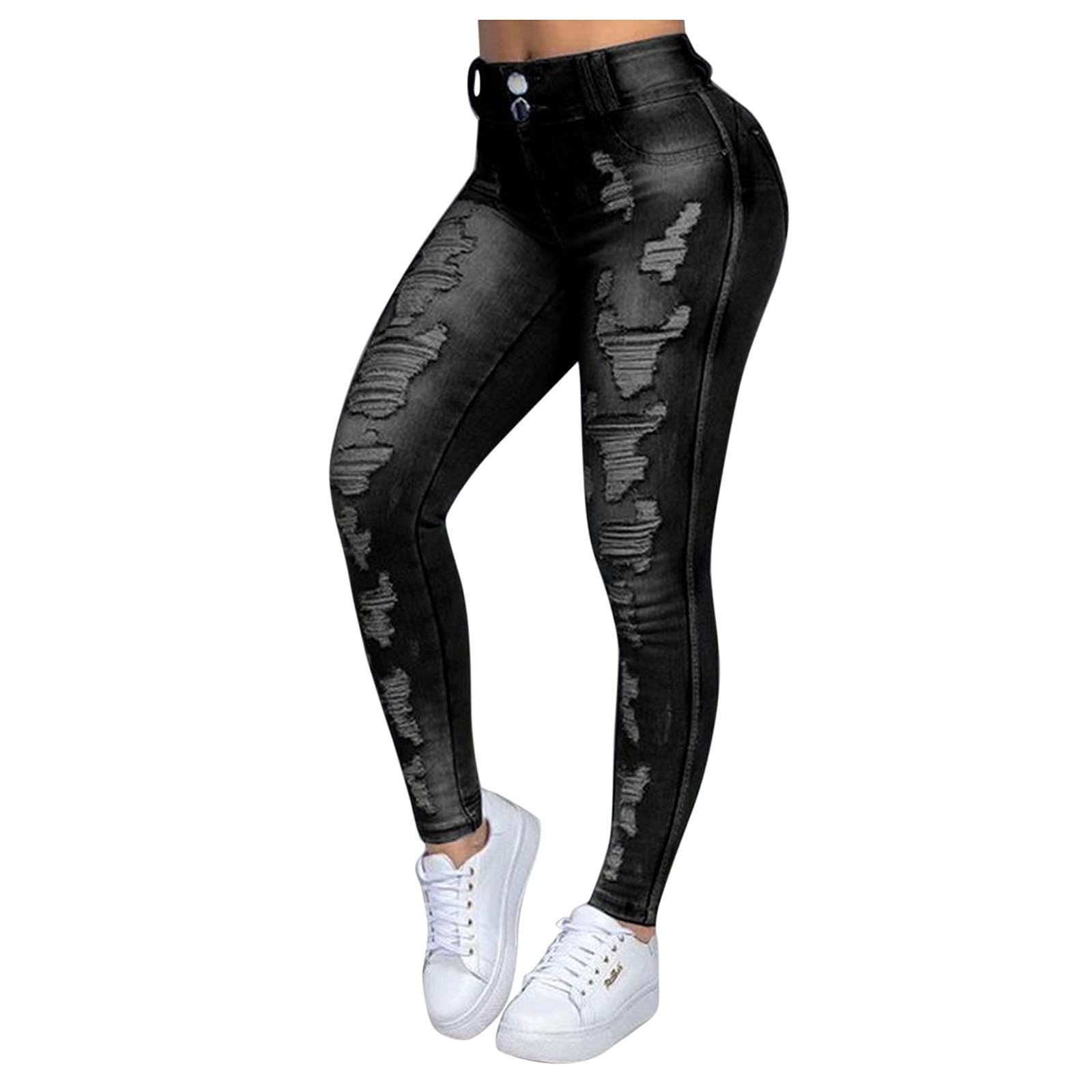 Slim Fit Stretch Denim Jeans for Women - High Waist Skinny Pencil Hole Fitness Pants - Petite & Comfortable Workout Trousers (Perfect for Yoga, Gym & Casual Wear)