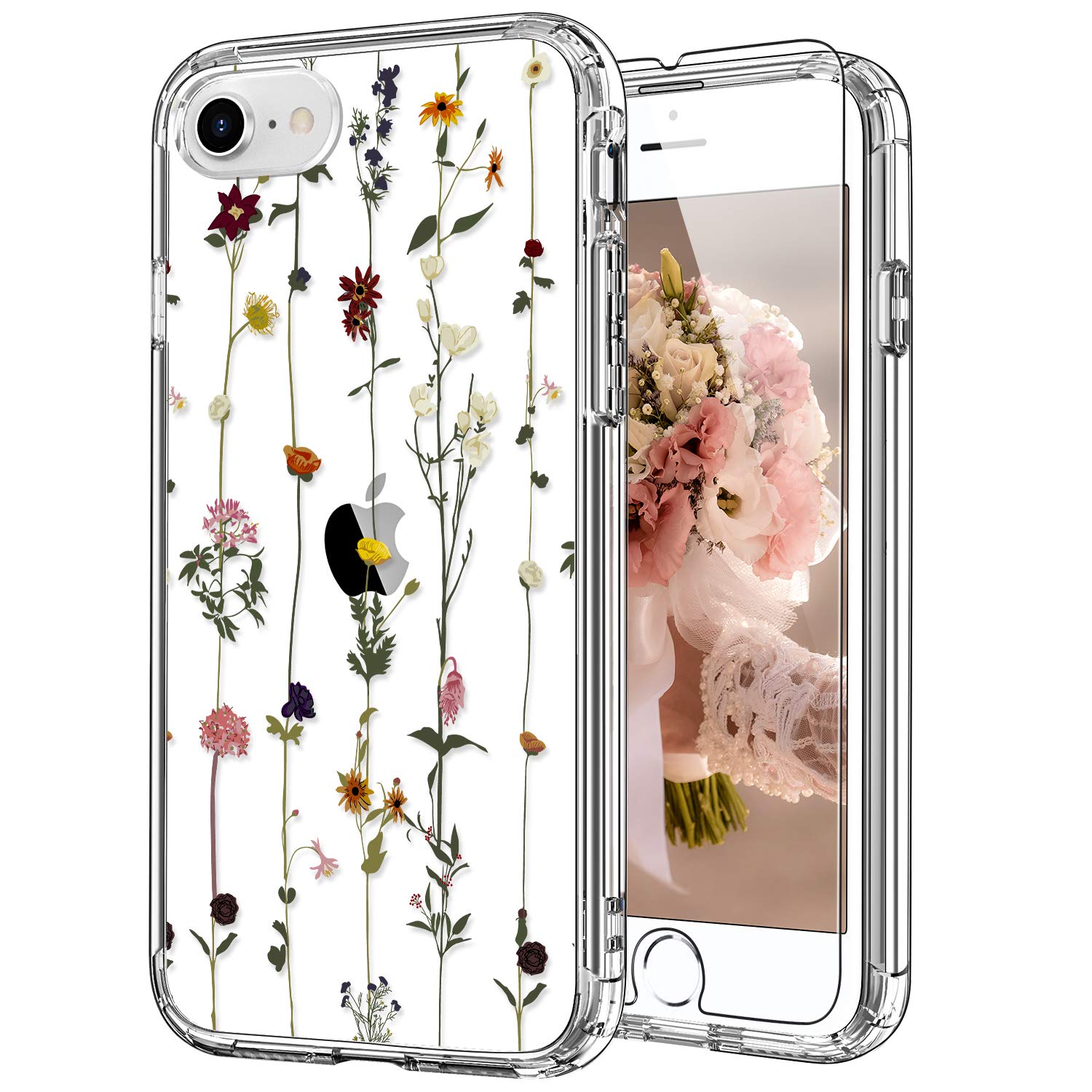 ICEDIO Clear TPU Phone Case with Screen Protector for iPhone SE 2022/2020/8/7 - Elegant Floral Design Protective Cover for Women & Girls | Perfect for Everyday Use, Work & Travel