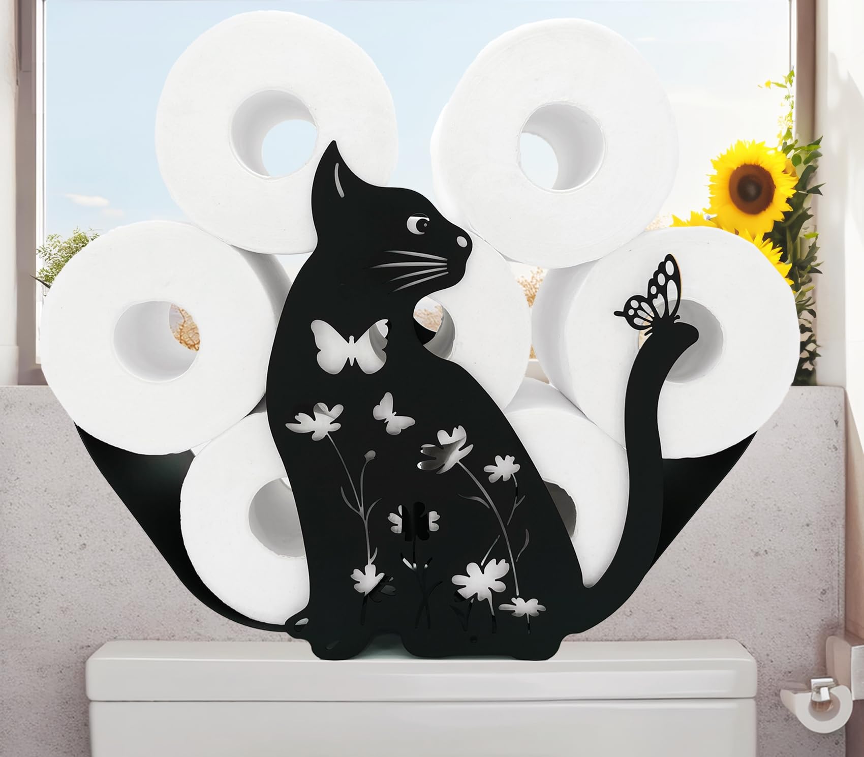 Teaeeno Black Cat Toilet Paper Holder - Funny Animal Bathroom Storage Stand for 8 Rolls | Freestanding Metal Toilet Paper Organizer for Home Decor | Perfect for Bathroom, Guest Room & Pet Lover Gifts