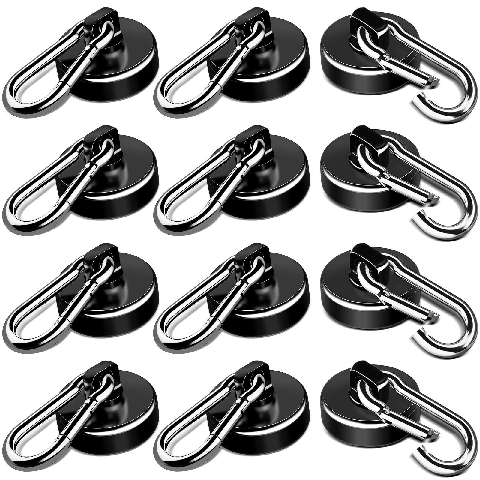 LOVIMAG 70LBS Heavy Duty Neodymium Magnetic Hooks with Carabiner & Swivel - 12 Pack Black for Kitchen, Refrigerator, Grill, Cruise, Hanging & Home Organization