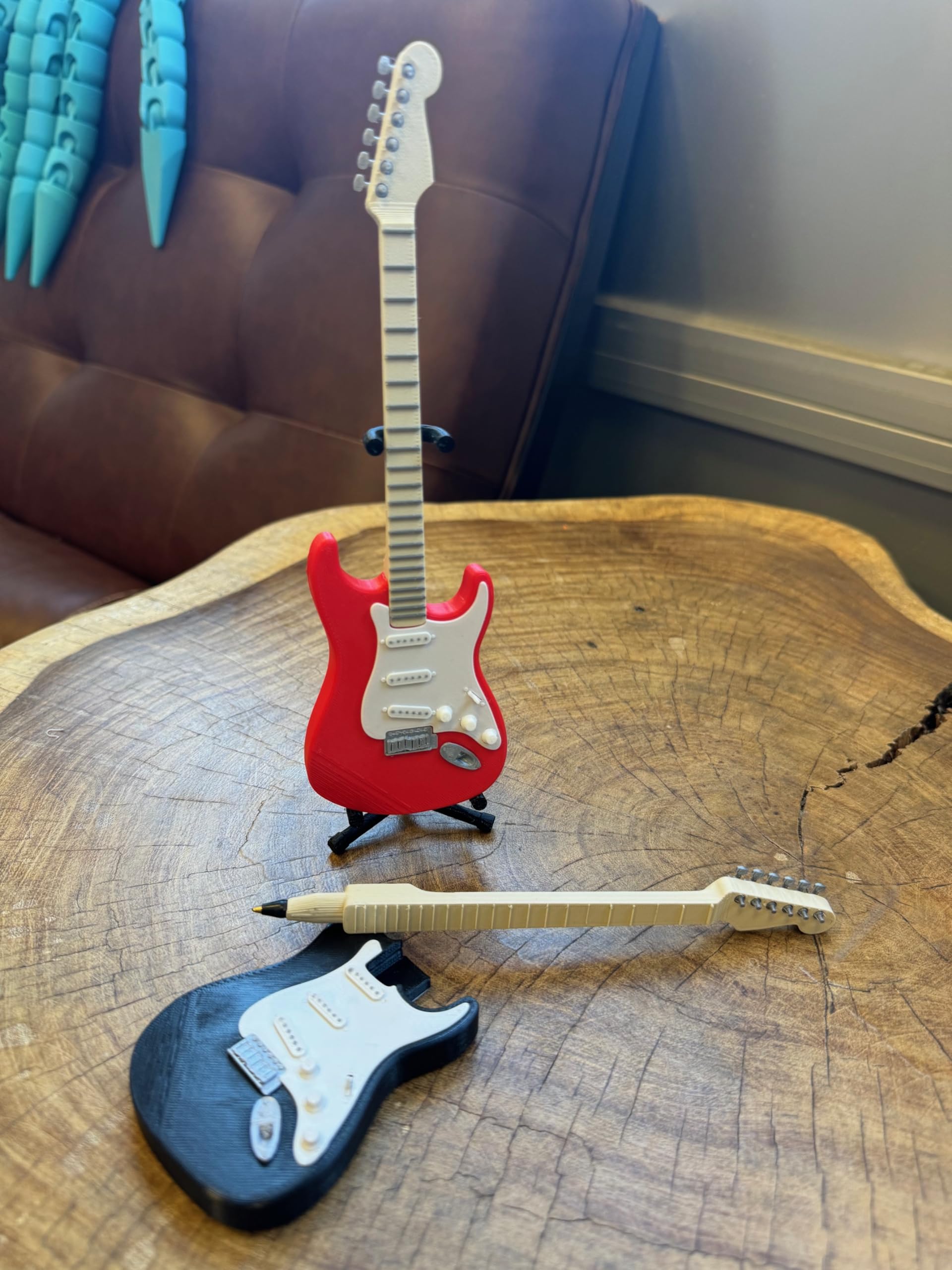 Electric Guitar Pen with Stand - Classic 70's Red Rock & Roll Style Writing Instrument for Musicians, Collectors & Office Use