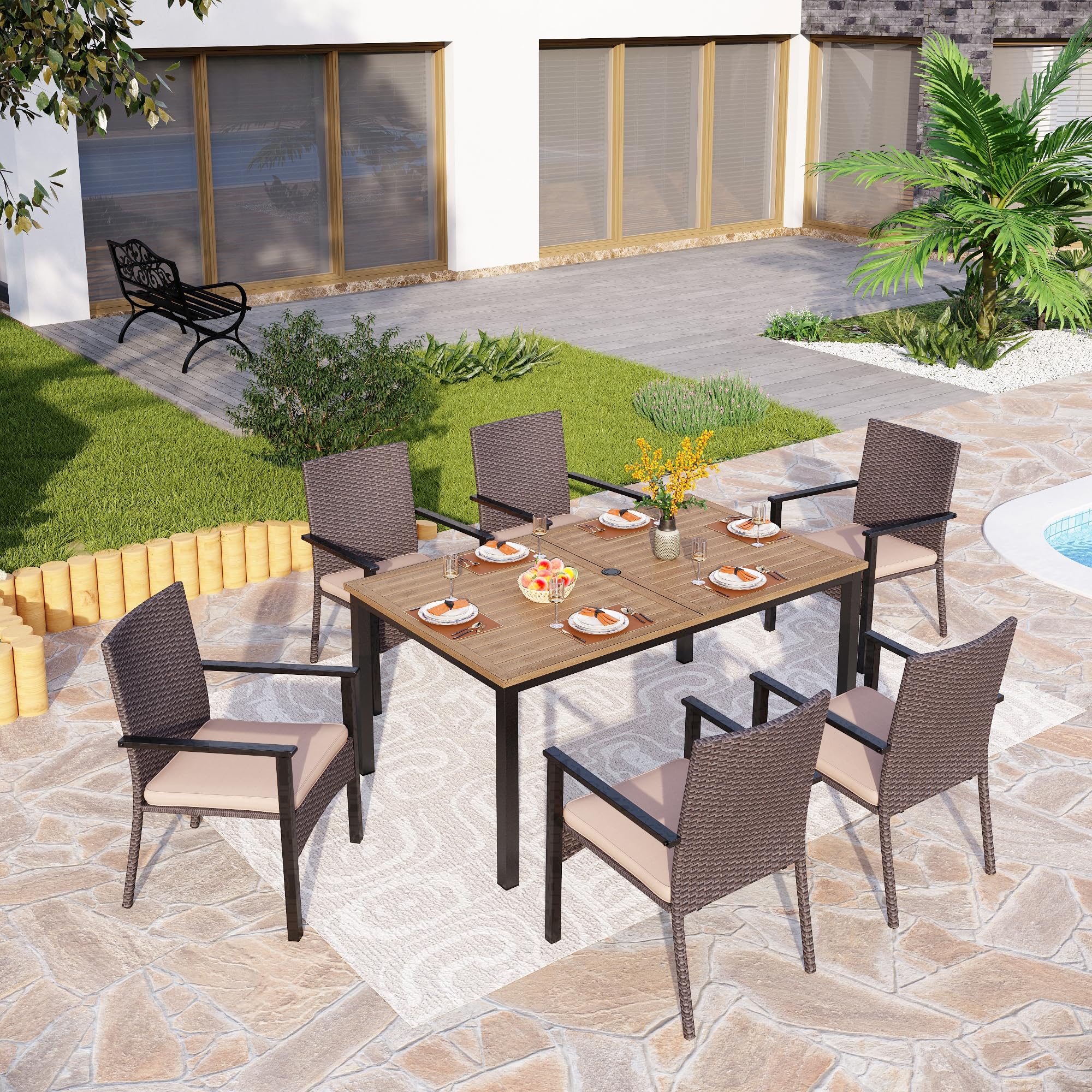 PHI VILLA 64-Inch Rectangular Outdoor Dining Table - Weather-Resistant Wood-Like Tabletop with Umbrella Hole - Patio, Lawn, Backyard & Garden Furniture (Brown) | Perfect for Outdoor Entertaining, BBQs & Poolside Dining