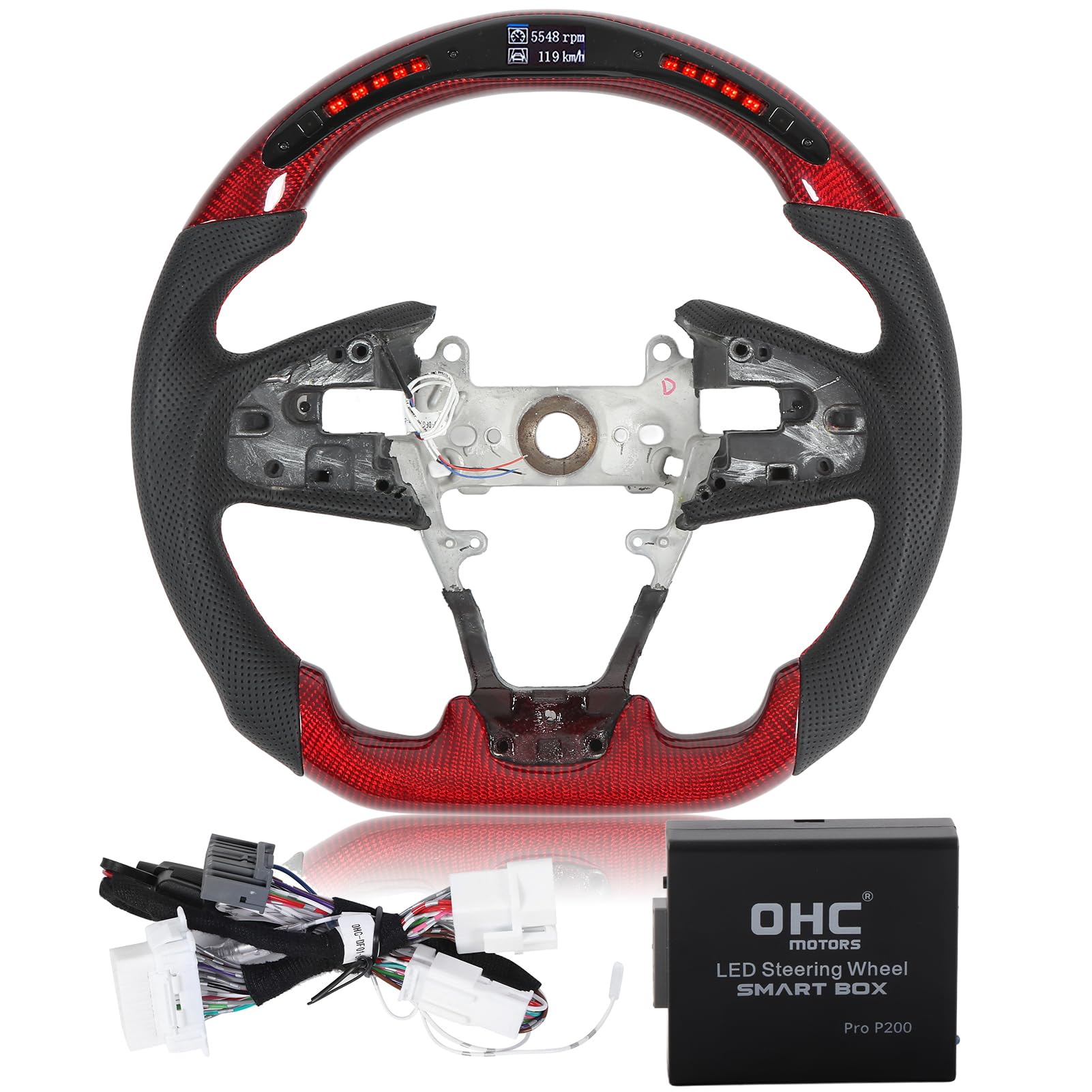 Red Carbon Fiber LED Steering Wheel with Shift Lights - Compatible with Honda Civic Type R FK8 2016-2021 - Racing & Performance Driving Upgrade