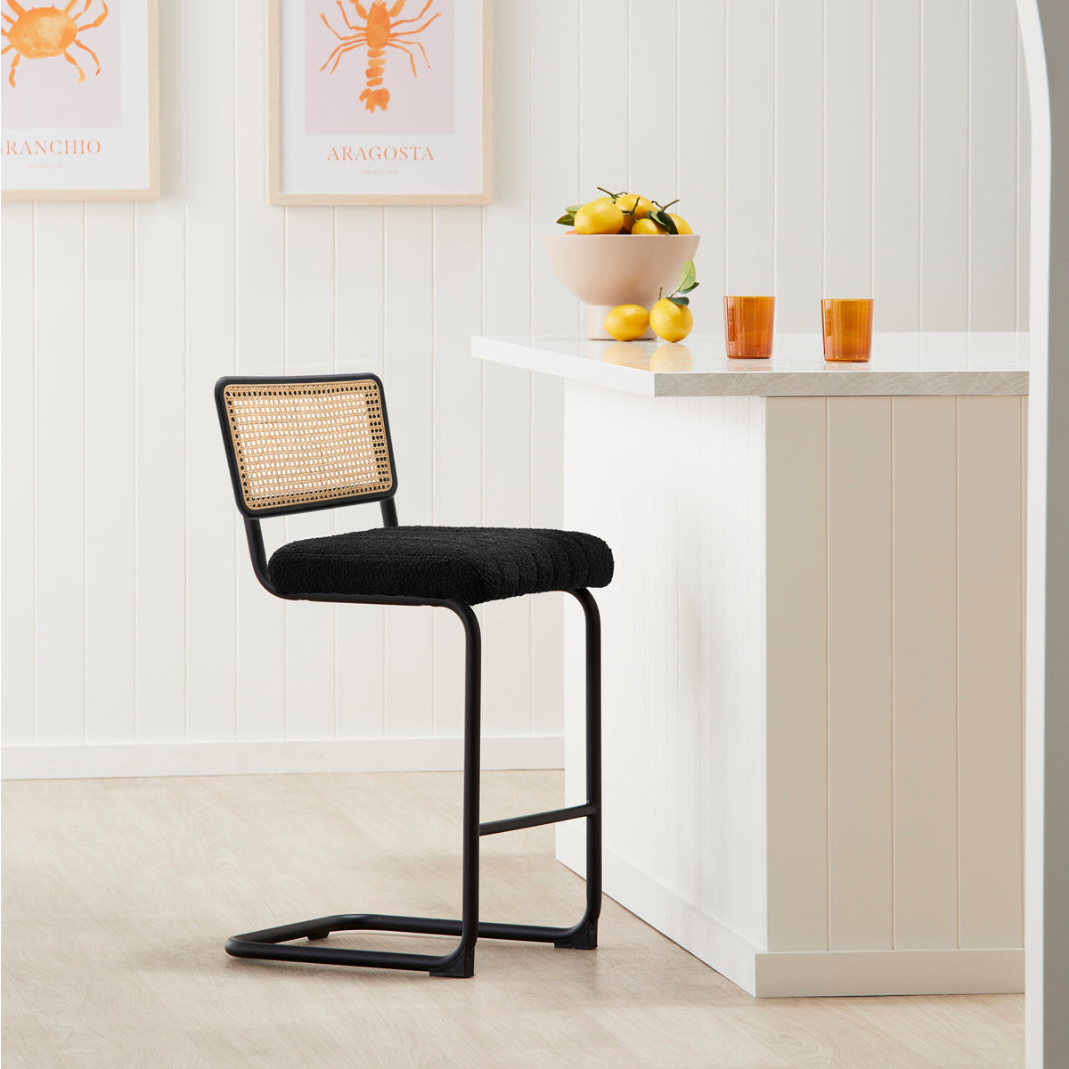 Blake Rattan Boucle Bar Stool - Modern Woven Rattan Counter Height Stool with Boucle Upholstery for Kitchen Island, Breakfast Bar & Home Decor