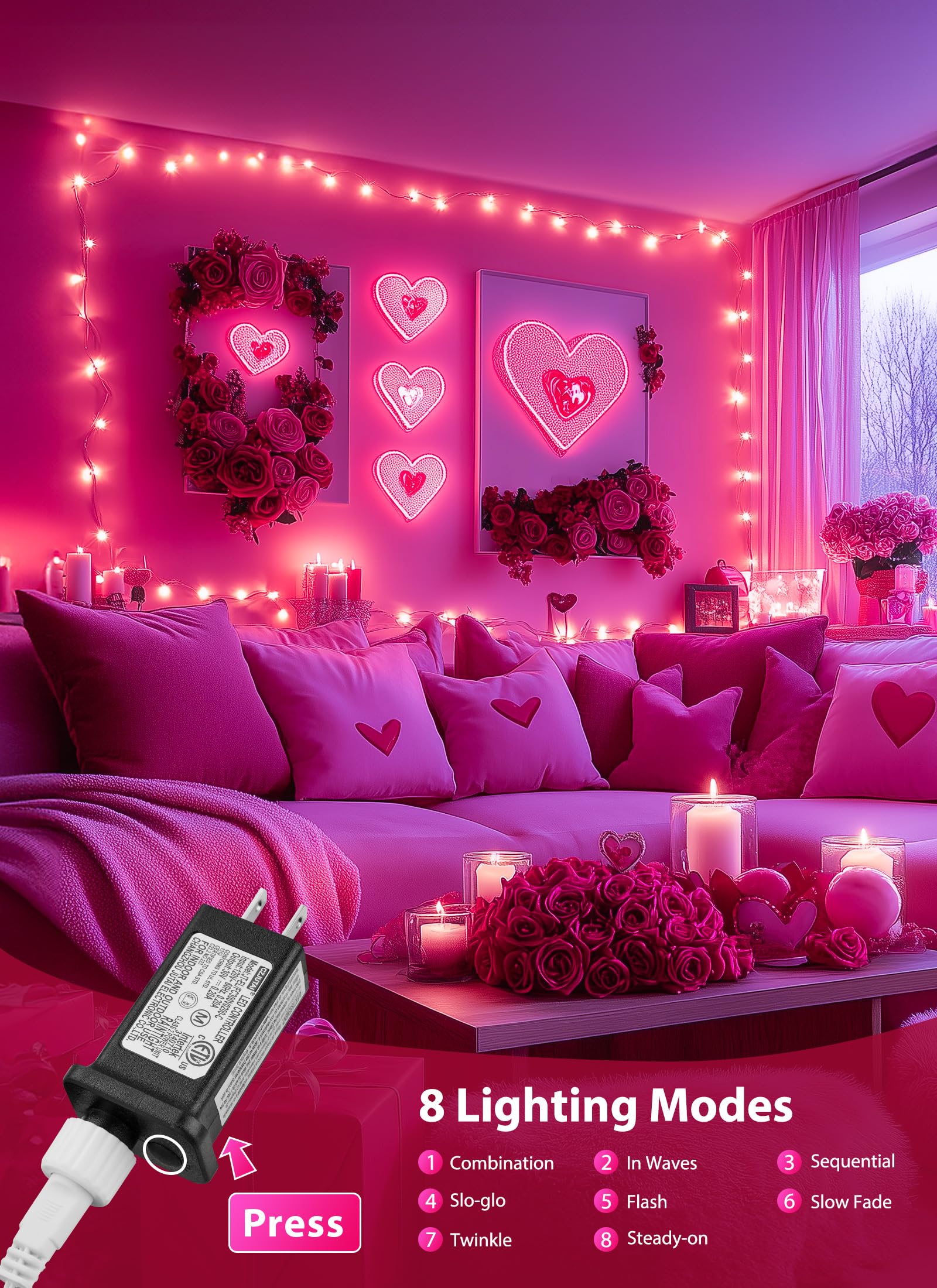 100 LED Pink Christmas String Lights - 39Ft Connectable Mini Lights with 8 Lighting Modes, Waterproof for Indoor & Outdoor Valentine's Day Decorations, Wreaths, Garlands, and Holiday Parties (White Wire) - Perfect for Bedroom, Garden, Wedding, and Christmas Tree Decor
