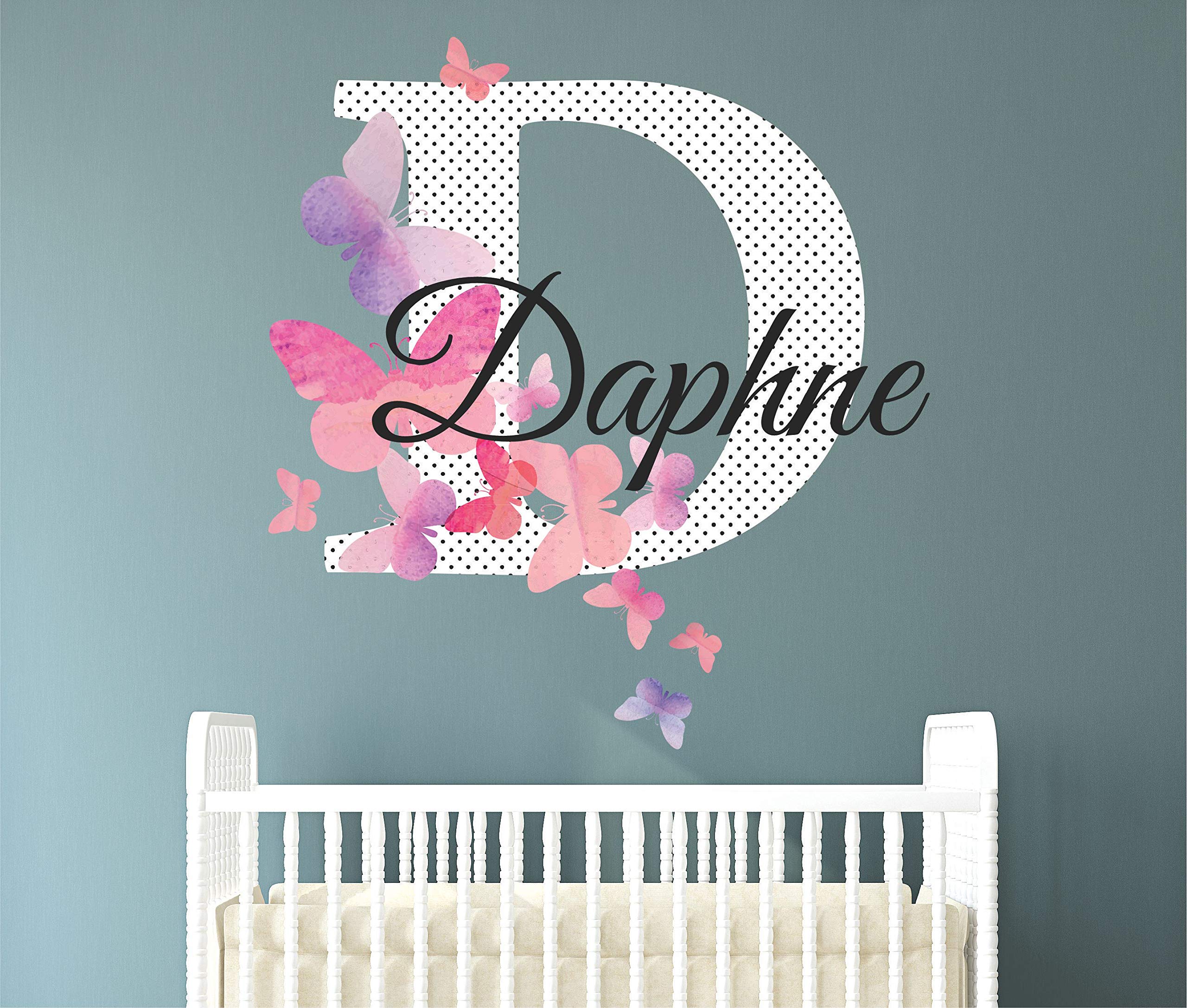 Personalized Pink Butterfly Swirl & Polka Dot Initial Vinyl Wall Decal - Custom Name Watercolor Nursery Wall Decor for Girls - Perfect for Baby Rooms, Playrooms, and Kids' Bedrooms