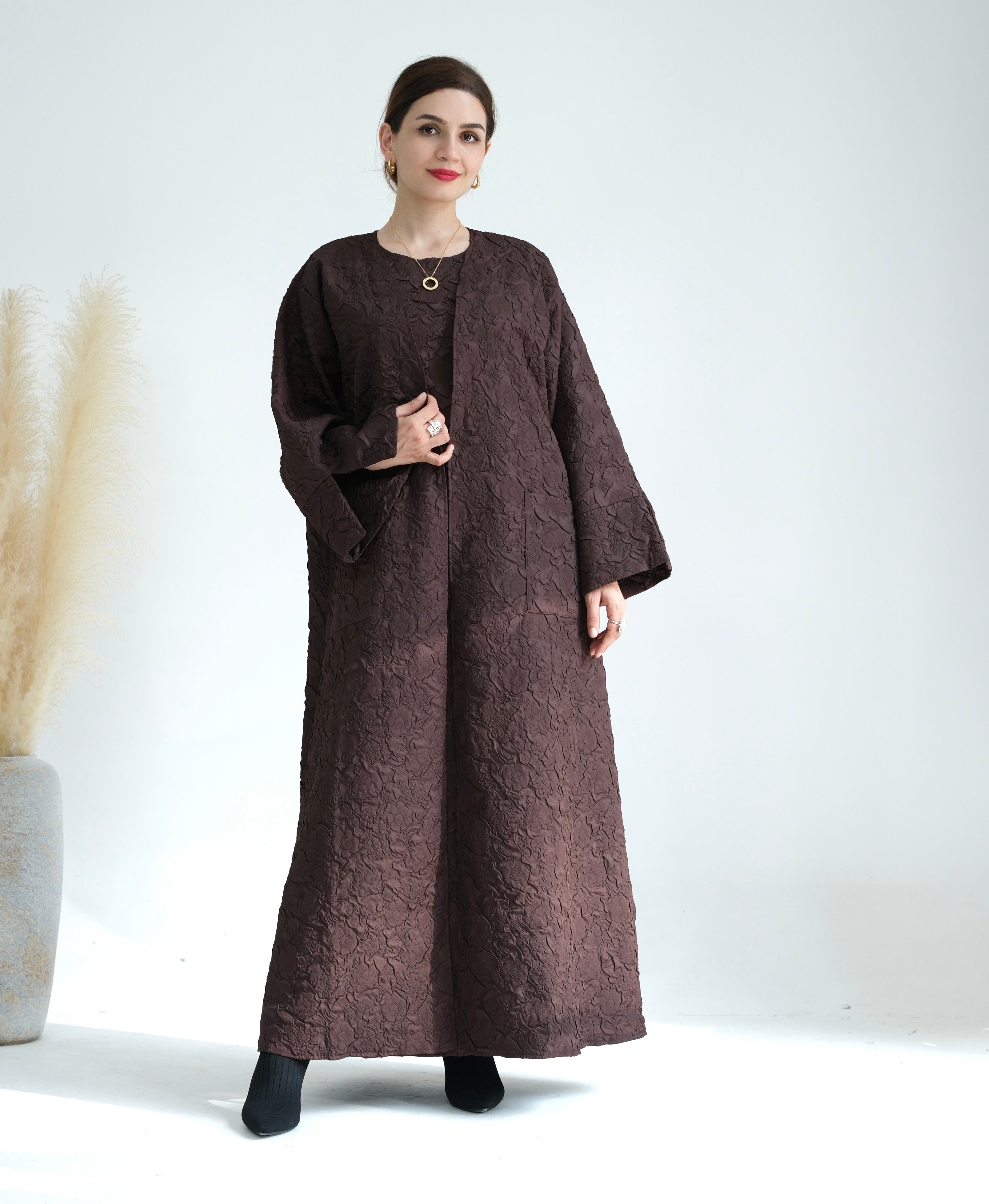 Elegant Eva Textured Abaya Set in Cocoa - Modest Islamic Prayer Dress for Women - Perfect for Eid, Ramadan, and Special Occasions