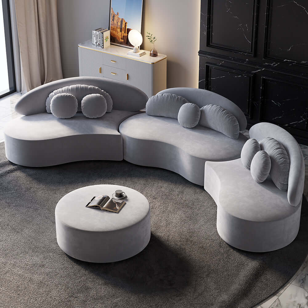 Modern 7-Seat Round Sectional Sofa with Ottoman & Pillows - Beige Velvet Upholstered Living Room Furniture for Family Gatherings and Home Entertainment