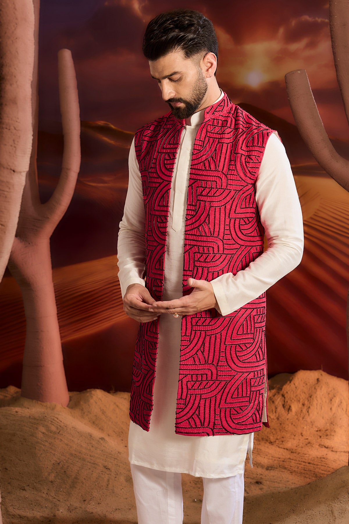Elegant Hot Pink Geometric Embroidered Long Open Shrug - Perfect for Weddings, Parties & Evening Events