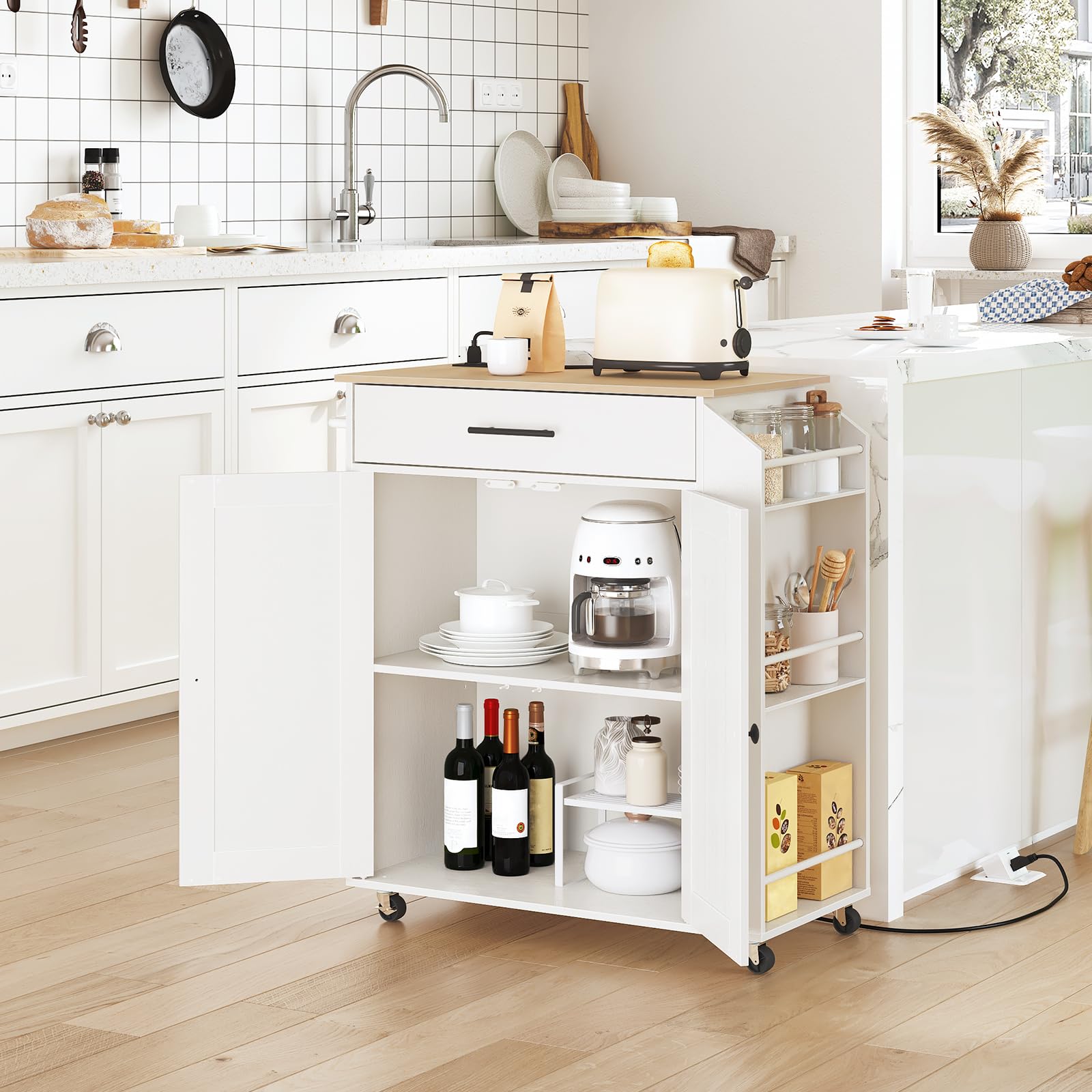 HOOBRO White and Natural Kitchen Island with Power Outlet - Mobile Kitchen Cart with Spice Rack, Storage Drawer & Wheels - Perfect for Small Spaces, Dining Rooms & Home Cooking Organization