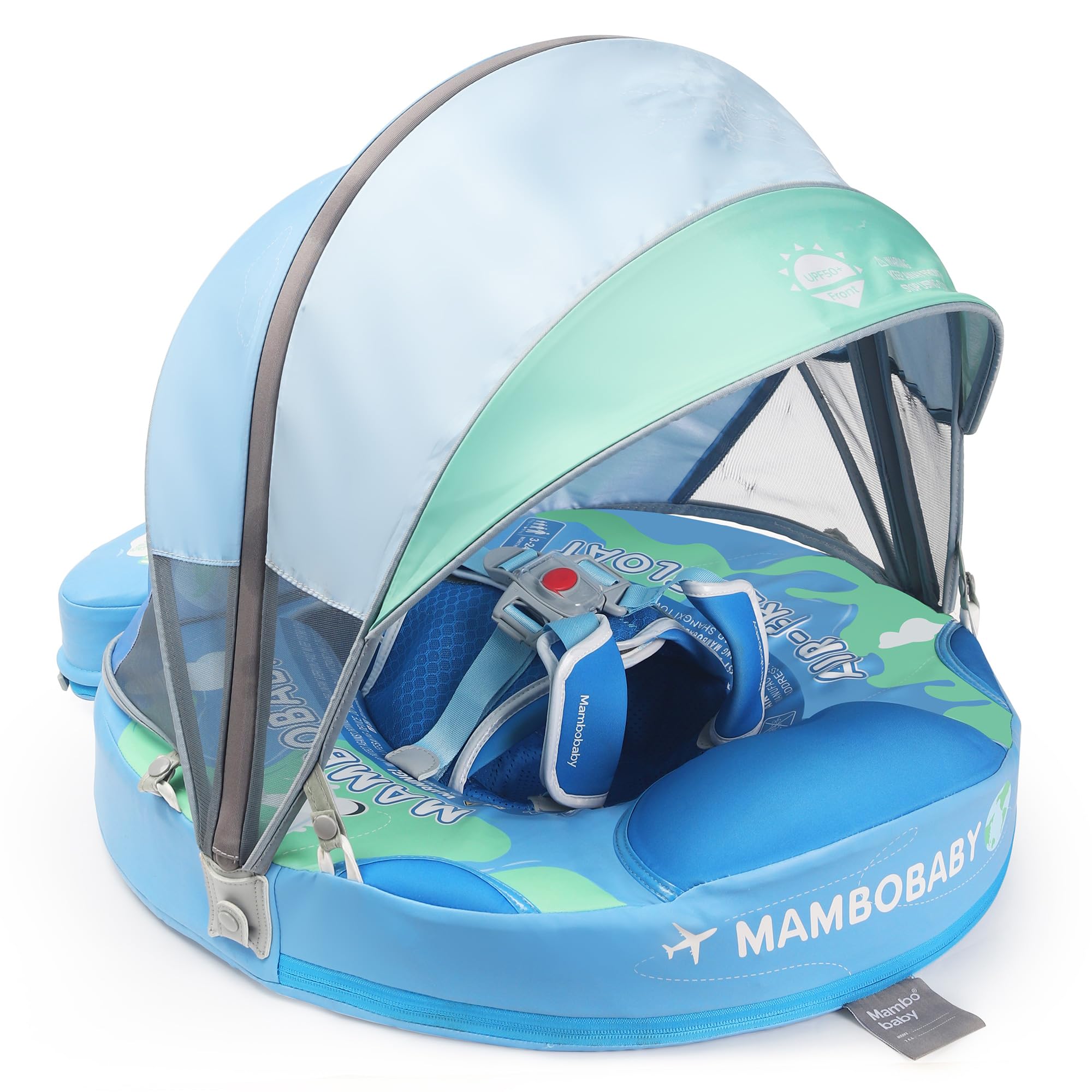 **Mambobaby Upgraded Baby Float with Canopy & Adjustable Safety Strap – Non-Inflatable Swim Trainer for Infants, Waist Swimming Ring, Blue Earth – Perfect for Pool, Beach & Water Play**