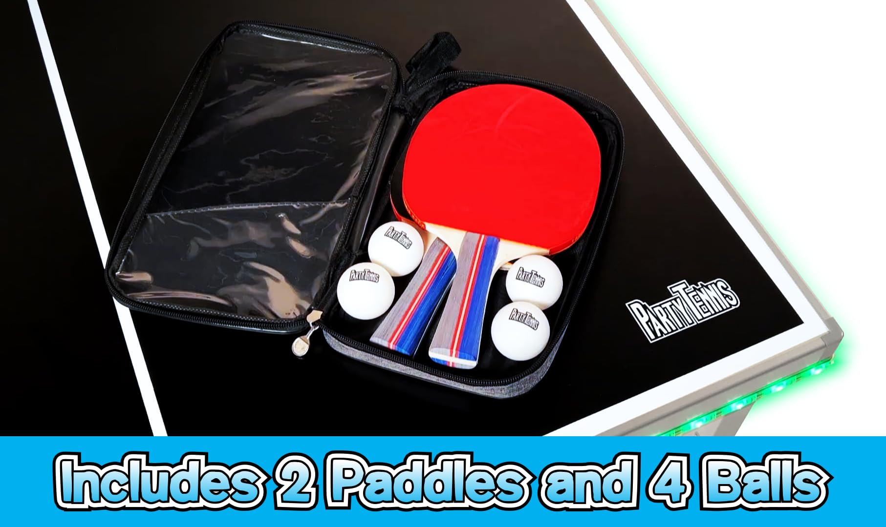 PartyLife 6ft x 3ft Portable Folding Ping Pong Table with Net, Paddles & Balls - Indoor/Outdoor Use for Kids & Adults | Optional LED Lights | Perfect for Game Rooms, Backyards & Parties