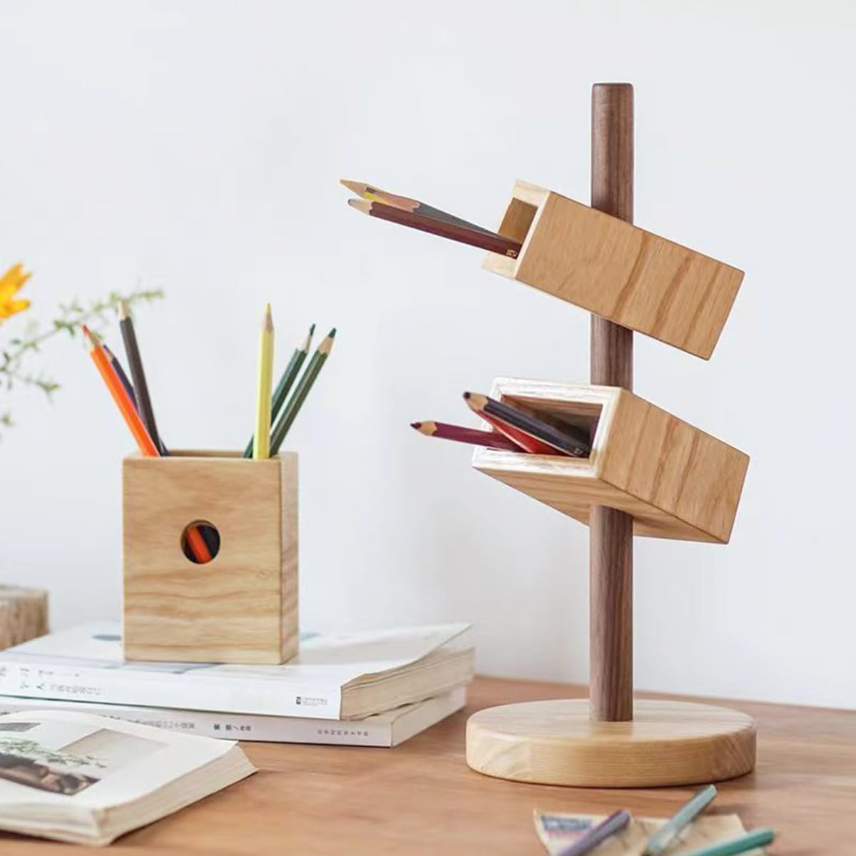 Wooden Pen Holder & Desk Organizer with 3 Compartments - Perfect for Pens, Pencils, Office Supplies, Makeup Brushes and TV Remotes - Ideal for Home Office, Study Desk and Workspace Organization