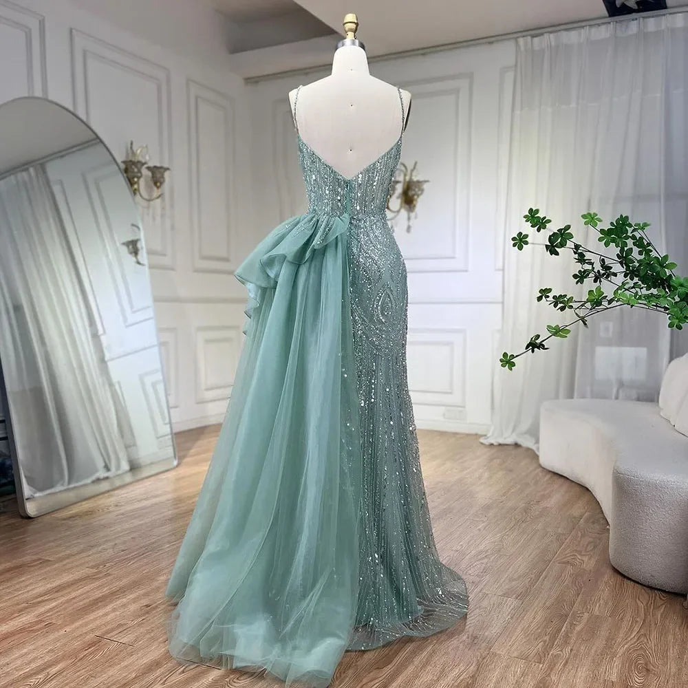 Elegant Sage Green Spaghetti Strap Mermaid Evening Dress with Detachable Overskirt LA72378 - Perfect for Prom, Wedding Guest & Formal Events