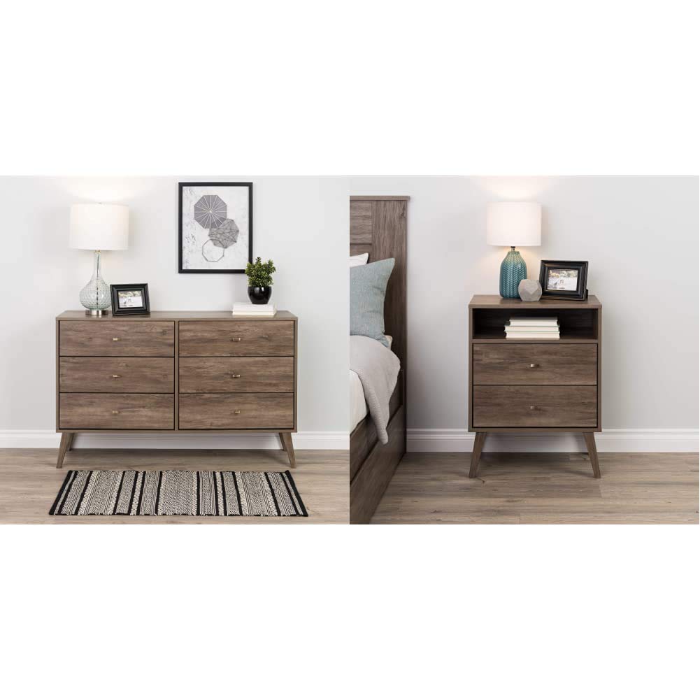 Prepac Milo 6-Drawer Dresser and 2-Drawer Tall Nightstand with Open Shelf - Drifted Gray - Modern Bedroom Furniture Set for Storage and Organization