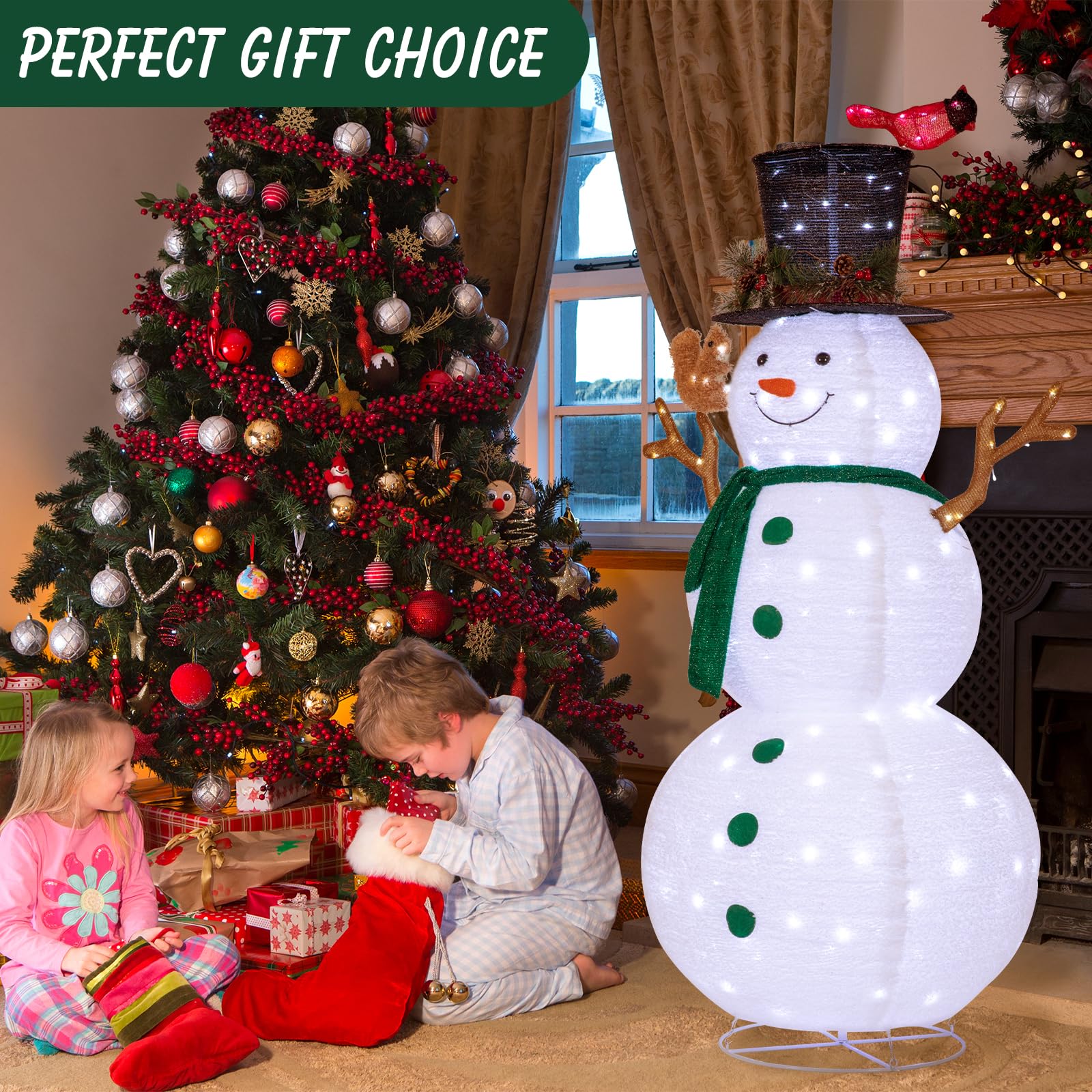 NALONE 6FT LED Lighted Snowman Outdoor Christmas Decor - 200 Warm White Lights with Timer, Collapsible Holiday Yard Decoration Featuring Fluffy Snowman with Bird & Squirrel - Perfect for Front Yard, Porch, and Garden Holiday Displays