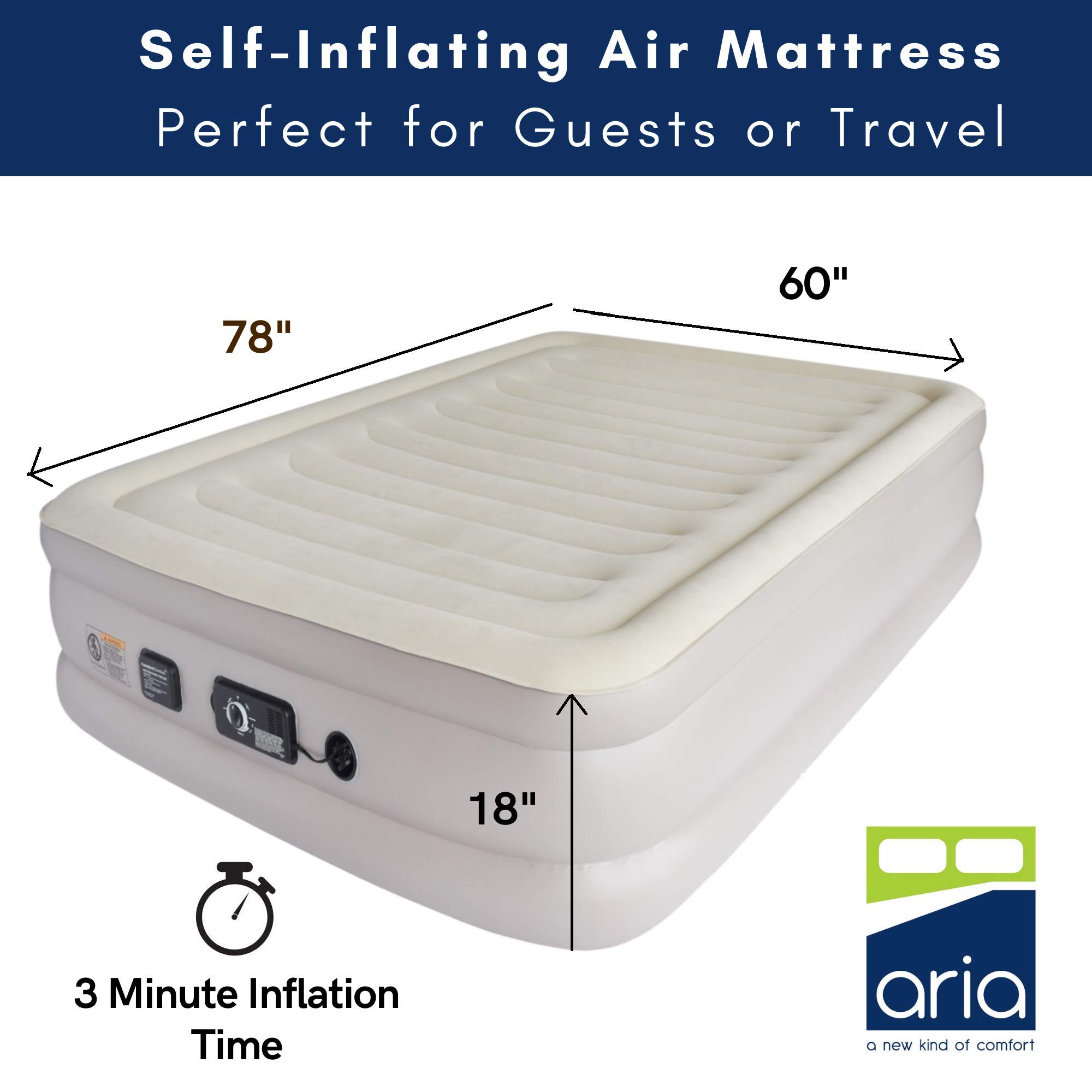 Aria Queen Inflatable Air Mattress with Built-in Pump - Self-Inflating Air Bed for Home, Camping & Guest Use - Maintains Perfect Firmness for All-Night Comfort - Ideal for Indoor Sleepovers, Outdoor Adventures & Temporary Guest Beds