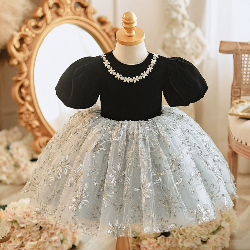 Black Princess Round Tea Length Lace Flower Girl Dress for Weddings, Birthday Parties & Special Occasions