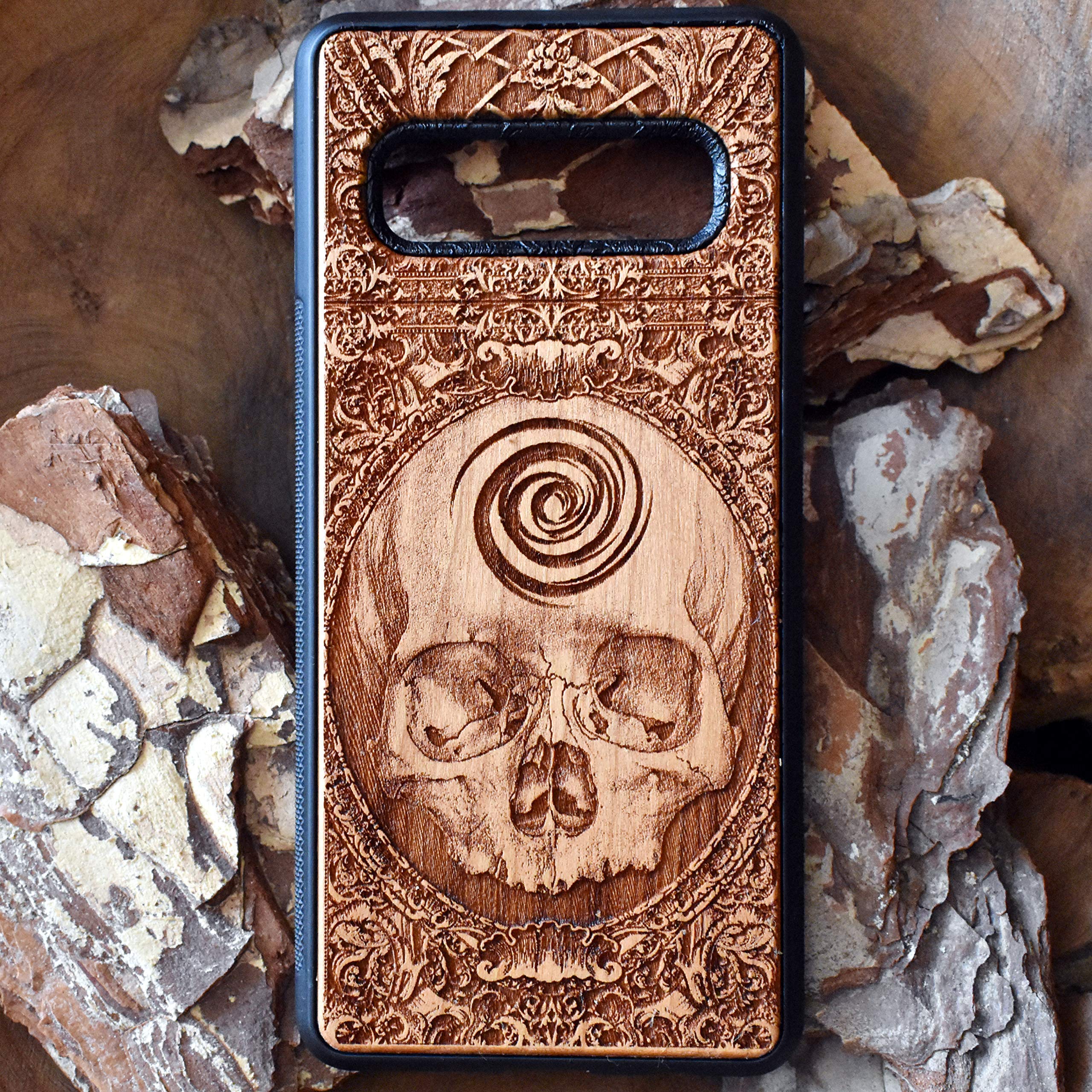 Skull Wooden Phone Case Compatible with iPhone 16/15/14/13/12/11 Pro Max Mini & Samsung Galaxy S25/S24/S23/S22/S21/S20 Ultra Plus - Eco-Friendly Slim Durable Wood Cover for Everyday Protection & Style