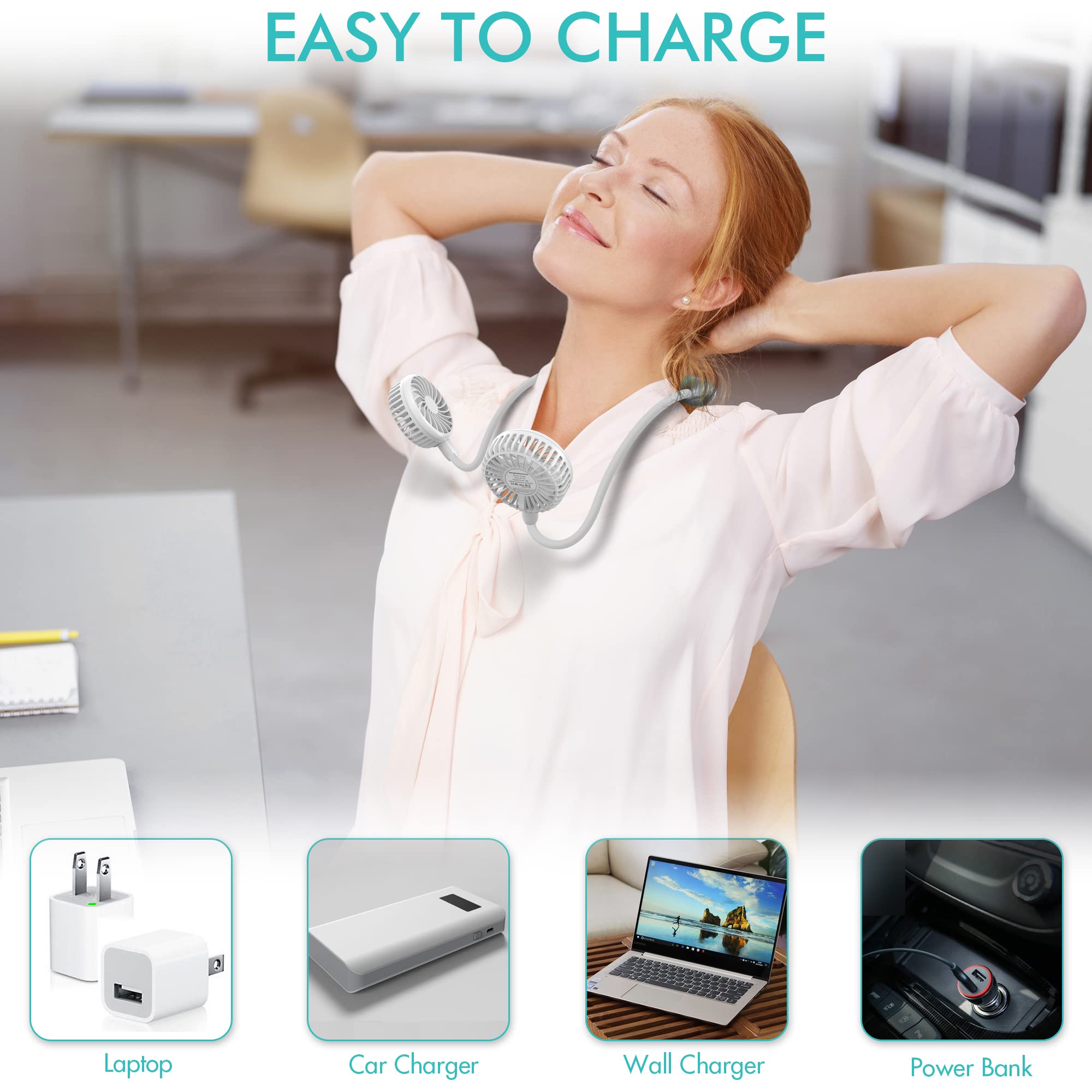 Portable Neck Fan with 2600mAh Battery - Ultra Quiet Hands-Free USB Personal Fan, 3 Speed Settings & 360° Adjustable for Strong Cooling - Perfect for Home, Office, Outdoor, Travel, Gym & Summer Activities (White)