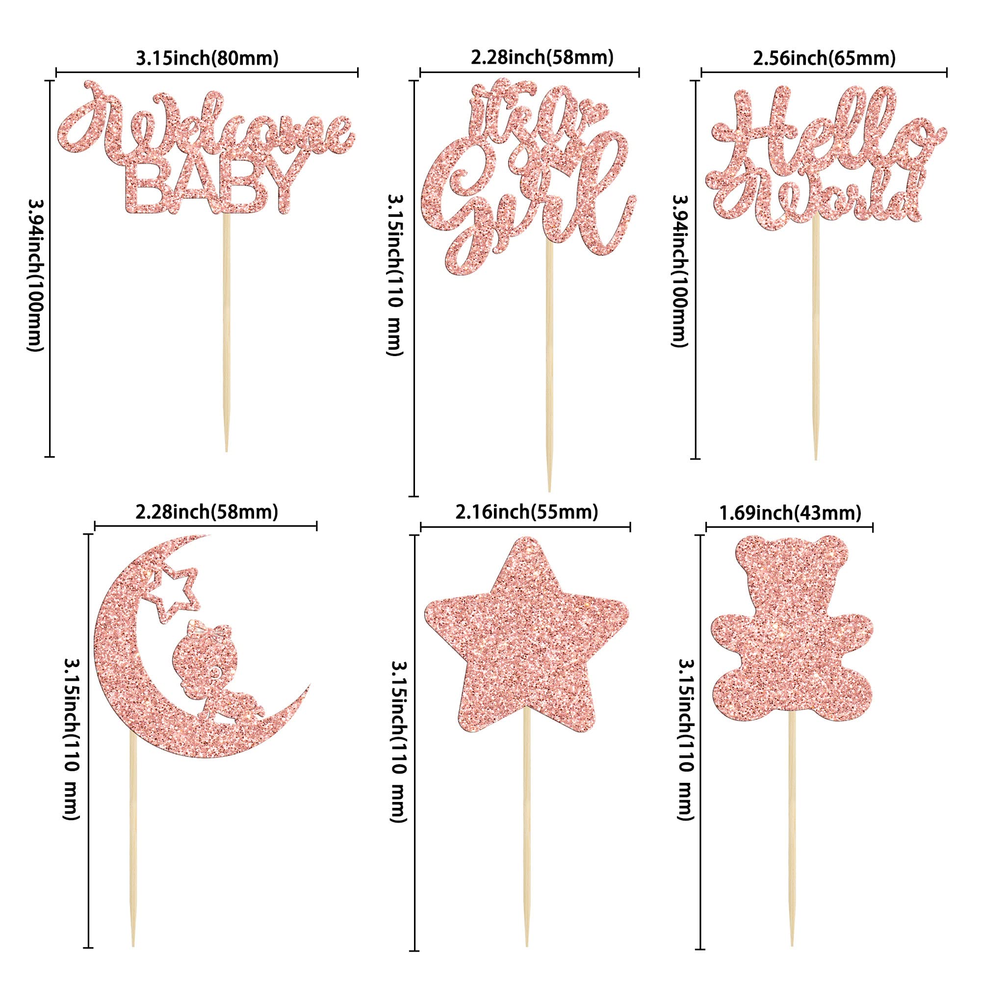 24Pcs Baby Shower Cupcake Toppers - Rose Gold Glitter Bear & Star Decorations for Gender Reveal, It's a Girl Party, Hello World Theme - Perfect for Baby Showers, Kids Birthday Cakes & Gender Reveal Celebrations