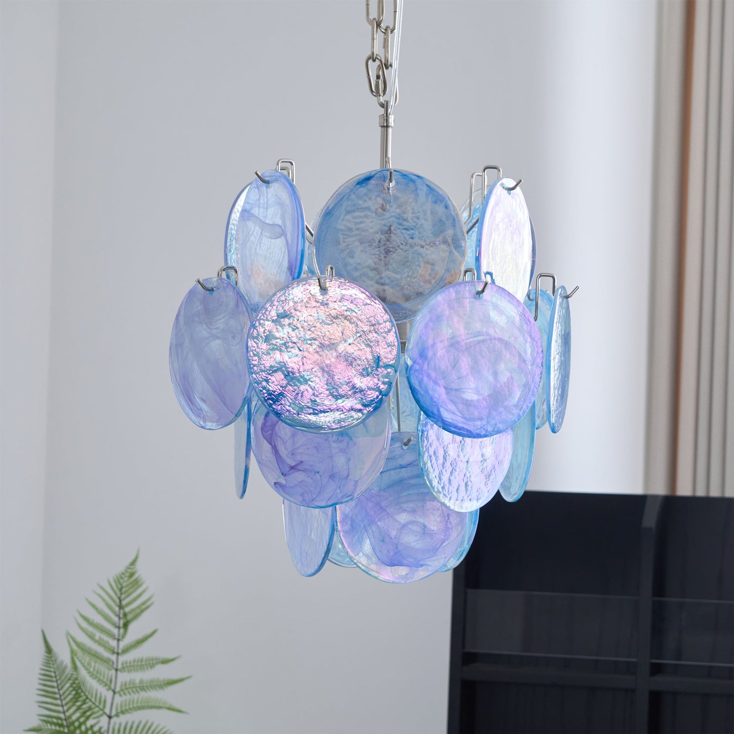 Blue Murano Glass Disc Chandelier - Elegant Venetian Style Ceiling Light Fixture for Dining Room, Living Room & Bedroom Decor