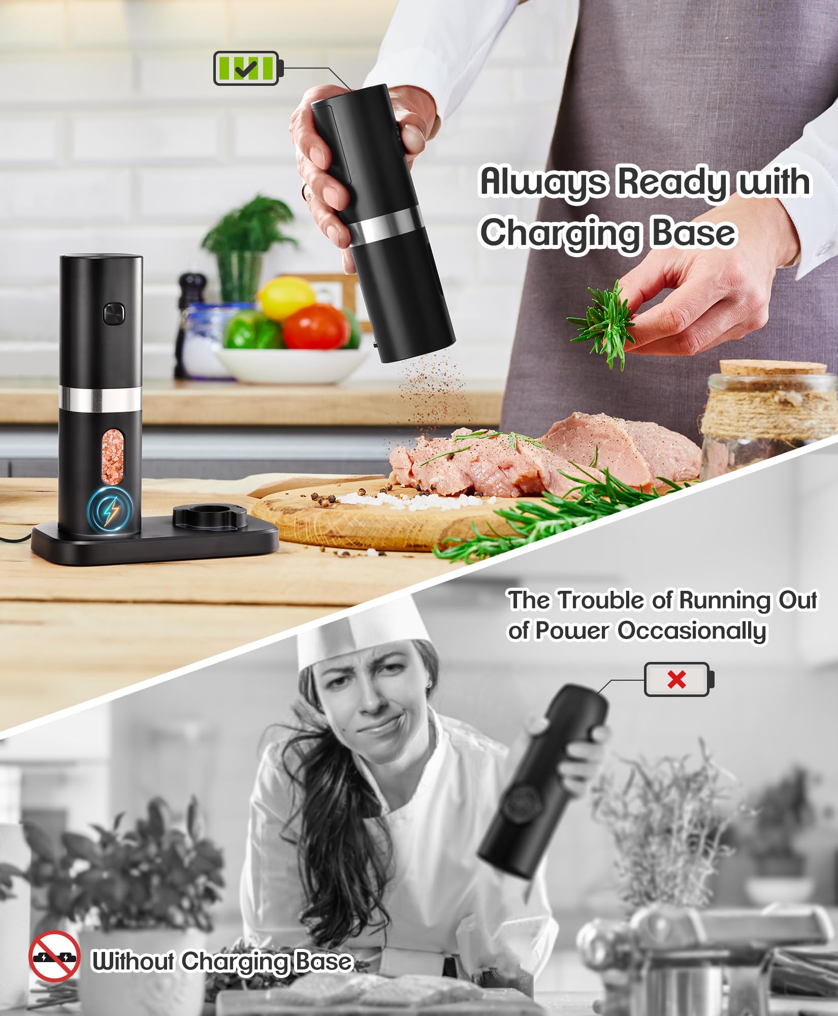 Premium Electric Salt and Pepper Grinder Set - Rechargeable Automatic One-Hand Operation with LED Light & Charging Base - 2 Pack Black Spice Mills for Kitchen, Dining Table, Camping & Gifts