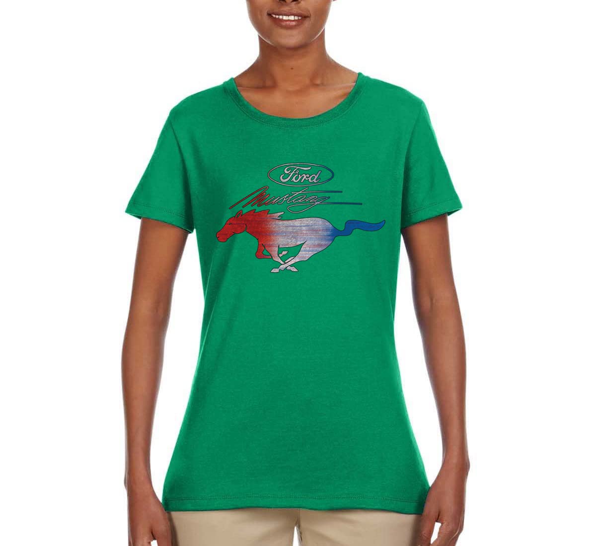 Ford Mustang Graphic T-Shirt for Women - USA Flag & Mustang Emblem Design - Casual Car Enthusiast Tee - Perfect for Car Shows, Road Trips & Everyday Wear