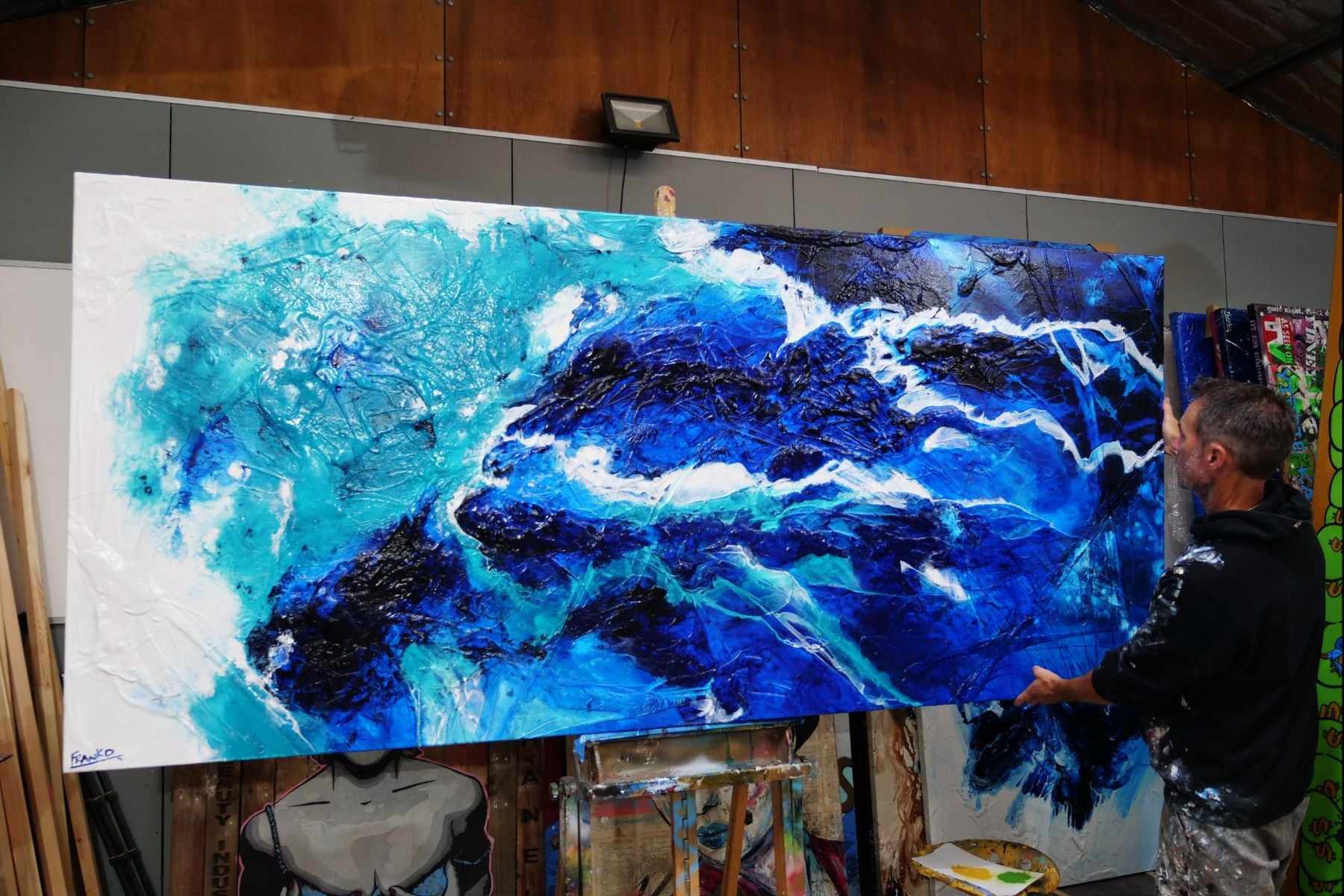 Blue and White Textured Abstract Painting - 270cm x 120cm Large Wall Art - Sapphire Seduction Style - Perfect for Living Room, Bedroom or Office Decor