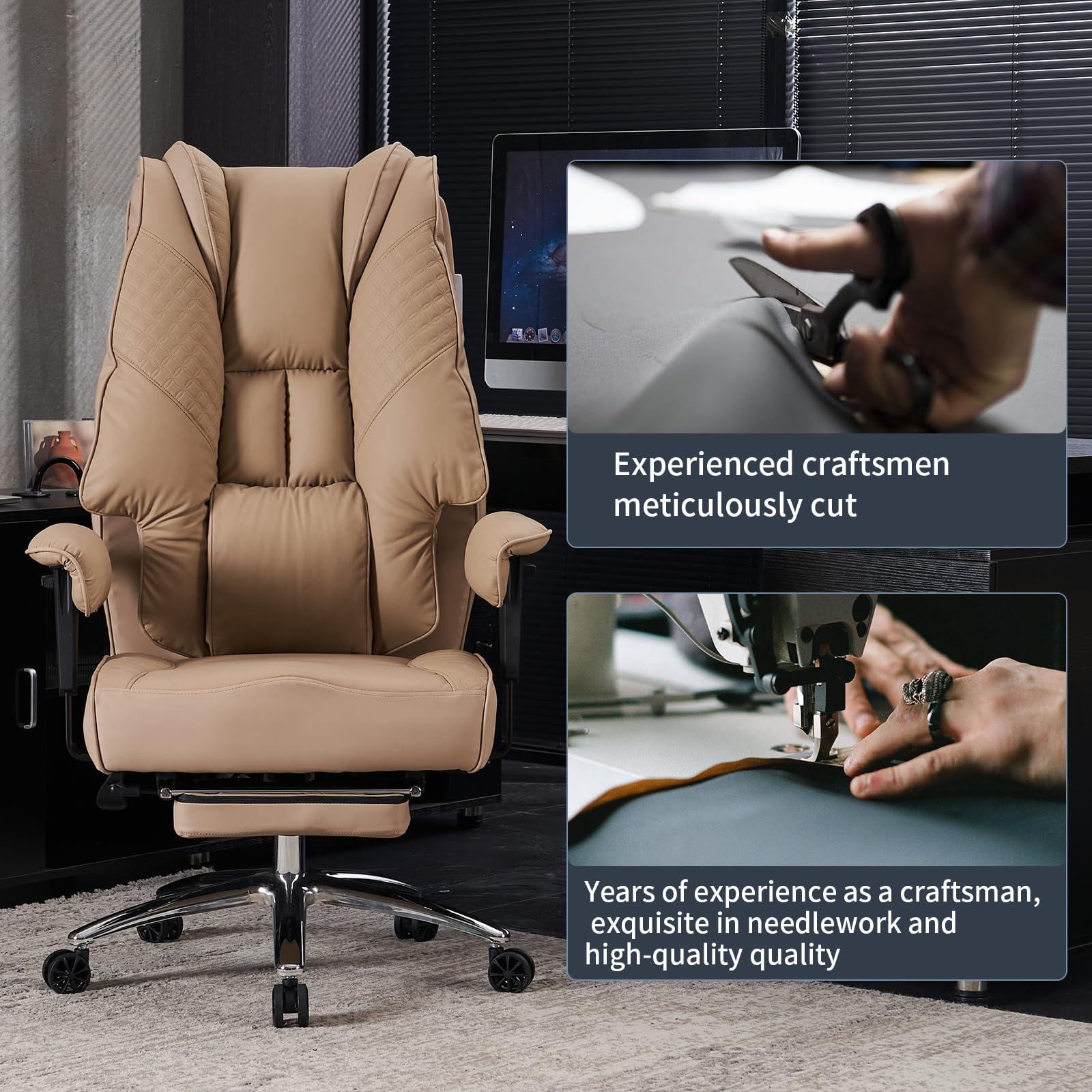 Big and Tall Office Chair for Heavy People Up to 400lbs - Wide Seat Leather Executive Chair with Adjustable Lumbar Support & Footrest - Ergonomic High Back Desk Chair for Back Pain Relief (Brown) - Perfect for Home Office, Gaming, and Long Work Sessions