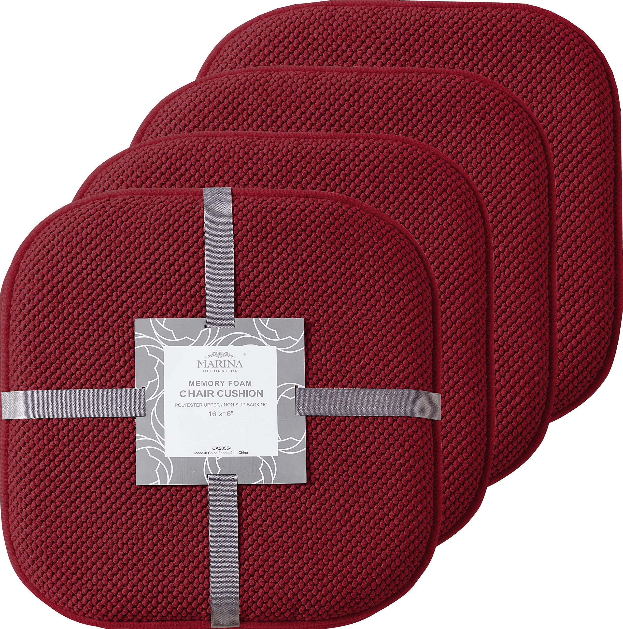Premium Memory Foam Chair Cushions - 16x16 Inch Thick Comfortable Seat Pads with Honeycomb Design & Non-Slip Rubber Back - 4 Pack Burgundy Kitchen Chair Covers for Dining Room, Office, and Outdoor Use