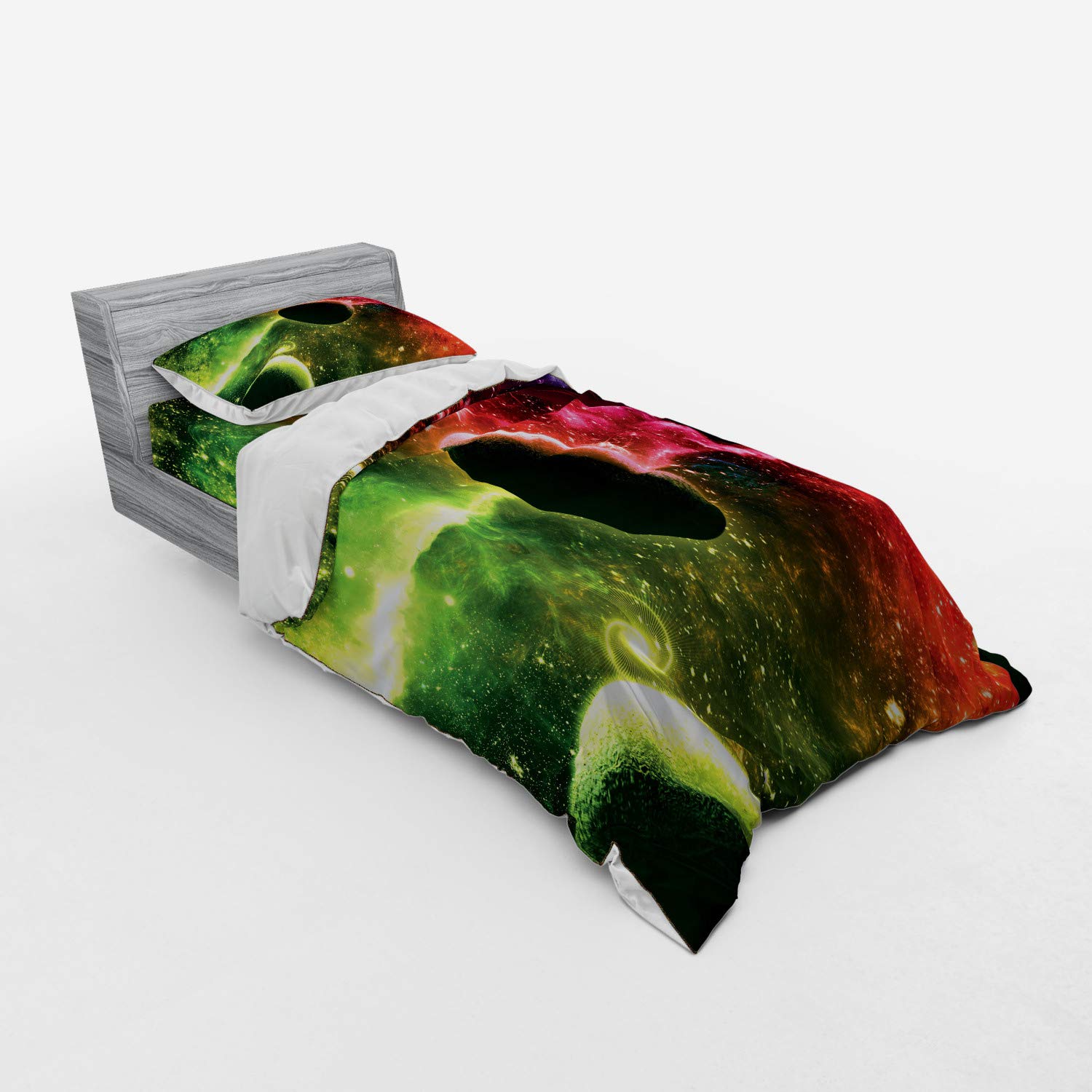 Ambesonne Psychedelic Duvet Cover Set - Space Universe Galaxy Nebula Stars & Planets Design, 3-Piece Bedding Set with Pillow Sham & Fitted Sheet, Twin Size, Vibrant Magenta Green - Perfect for Teen Bedrooms, Dorm Decor & Bohemian Style Spaces
