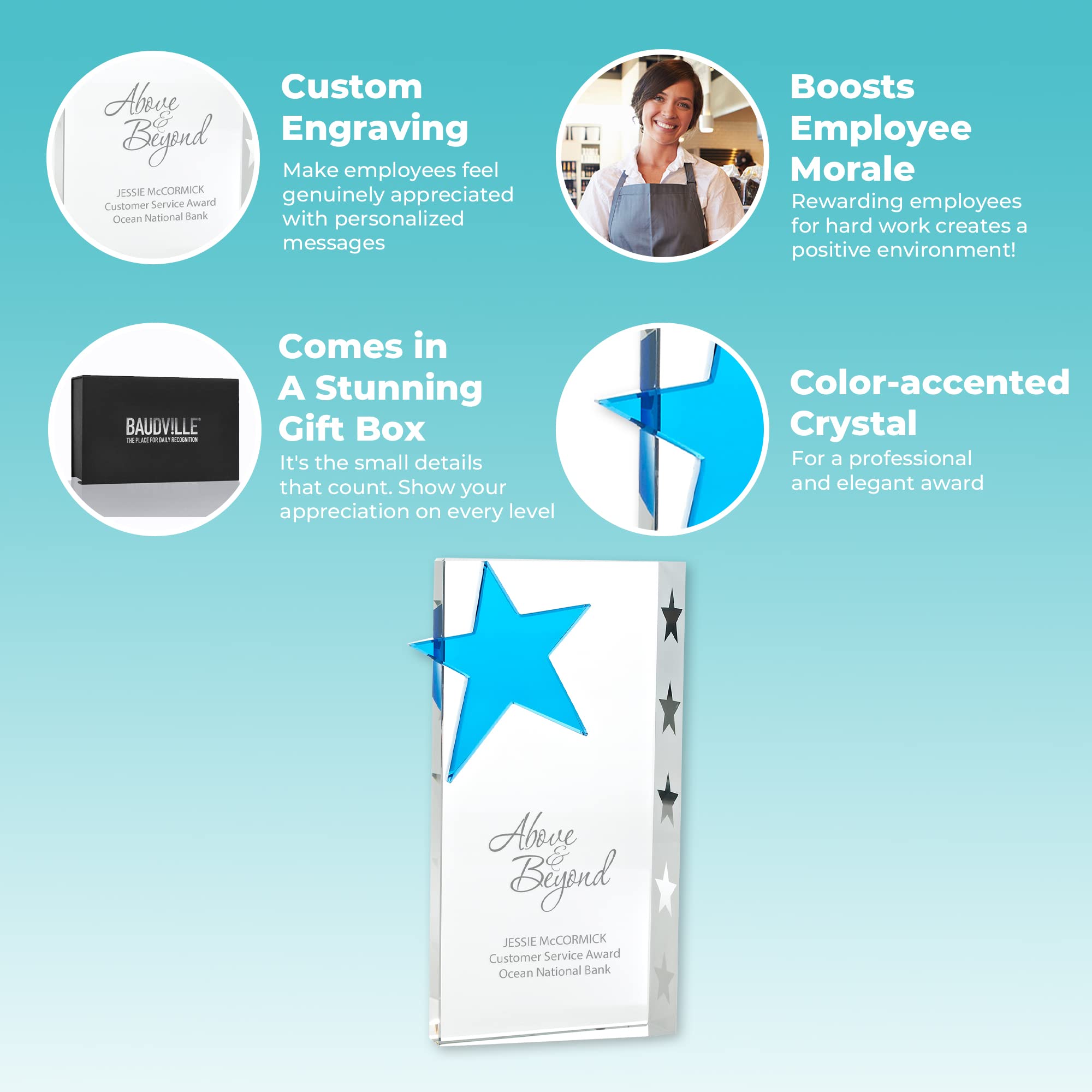 Baudville Engraved Crystal Trophy with Blue Star - Custom Employee Award with 3-Line Personalization - Elegant Round Design in Gift Box - Perfect for Recognition Ceremonies, Corporate Awards & Retirement Gifts