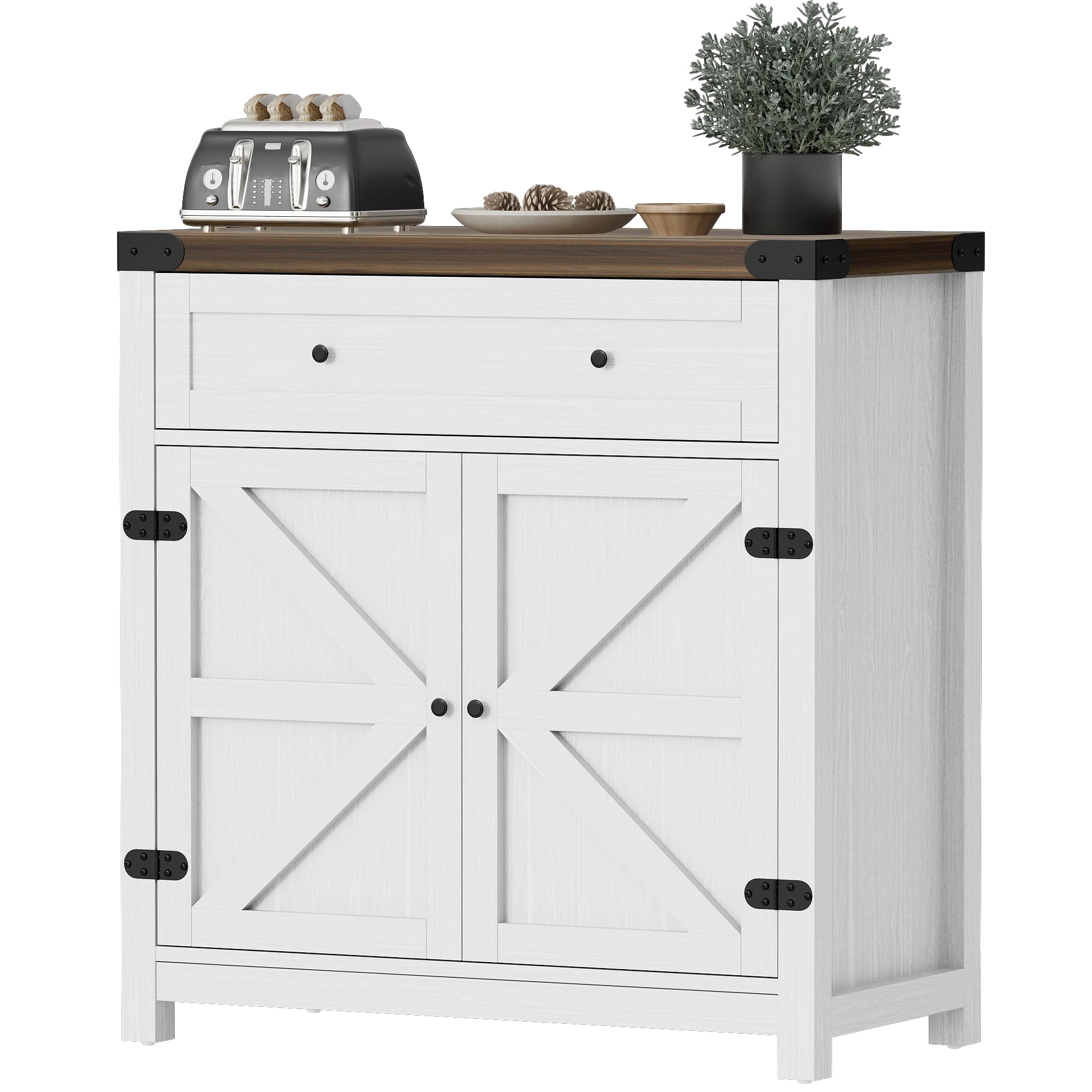 Farmhouse Style Sideboard Buffet Cabinet with Storage - White Coffee Bar Cabinet with 1 Drawer & 2 Barn Doors, Rustic Console Table for Kitchen, Dining Room, Entryway | Perfect for Home Decor, Entertaining & Small Space Storage Solutions