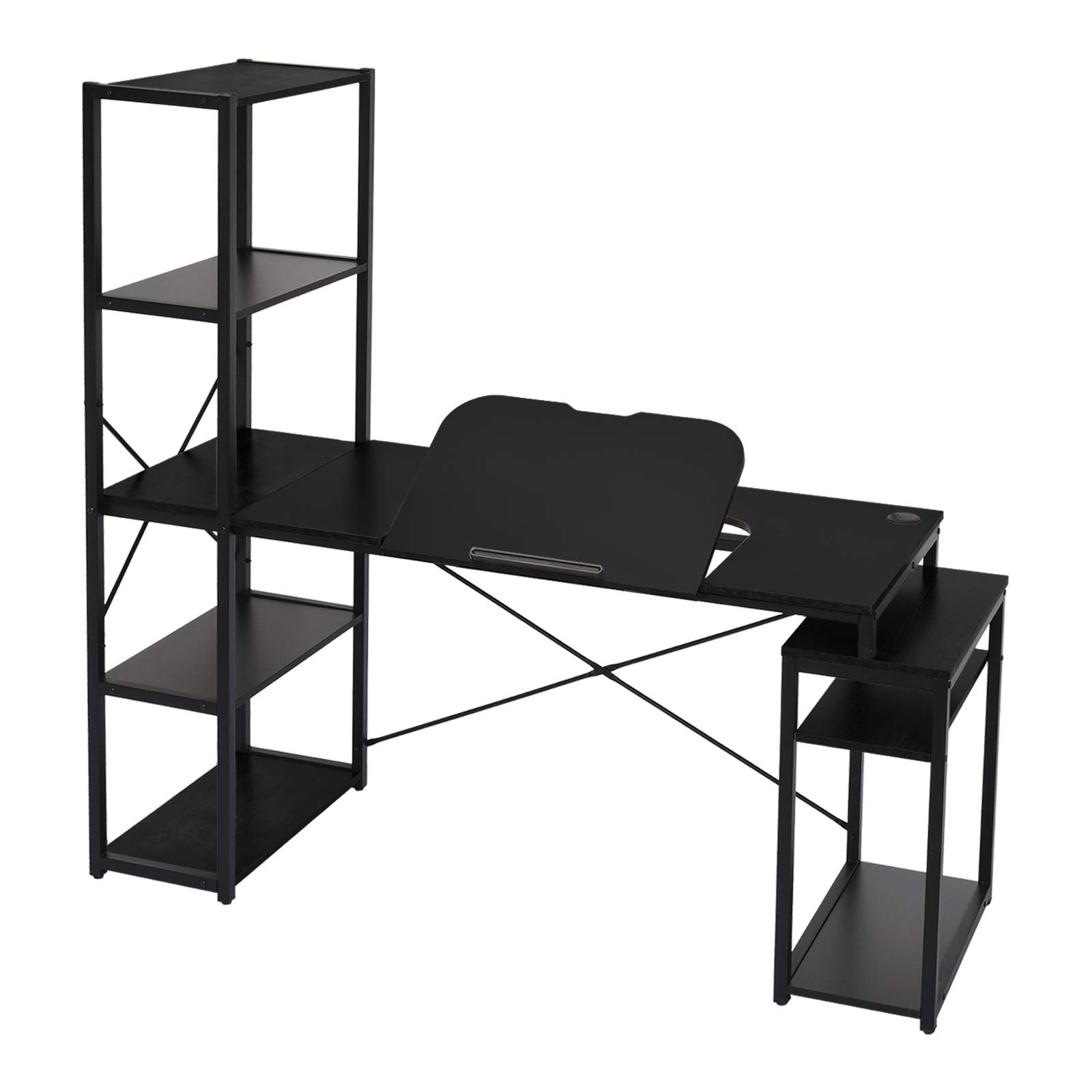 Ergonomic Home Office Desk with 5-Tier Shelves - Adjustable Tiltable Tabletop Computer Workstation for Writing, Drawing & Remote Work - Space-Saving Multifunctional Design Perfect for Small Apartments & Home Offices