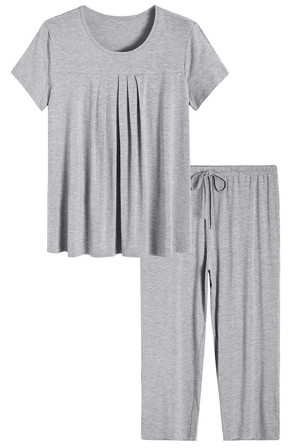 Soft & Breathable Women's Bamboo Pajama Set - Pleated Top & Capri Pants for Comfortable Sleep & Lounge Wear - Perfect for Nighttime Relaxation, Spa Days & Cozy Evenings at Home