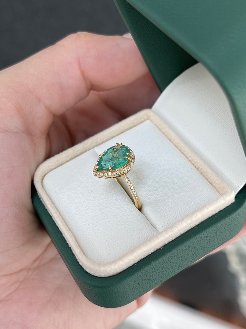 2.23tcw 14K Gold Pear Cut Emerald & Diamond Halo Engagement Ring - Dark Bluish Green Gemstone for Wedding, Proposal & Anniversary Gifts