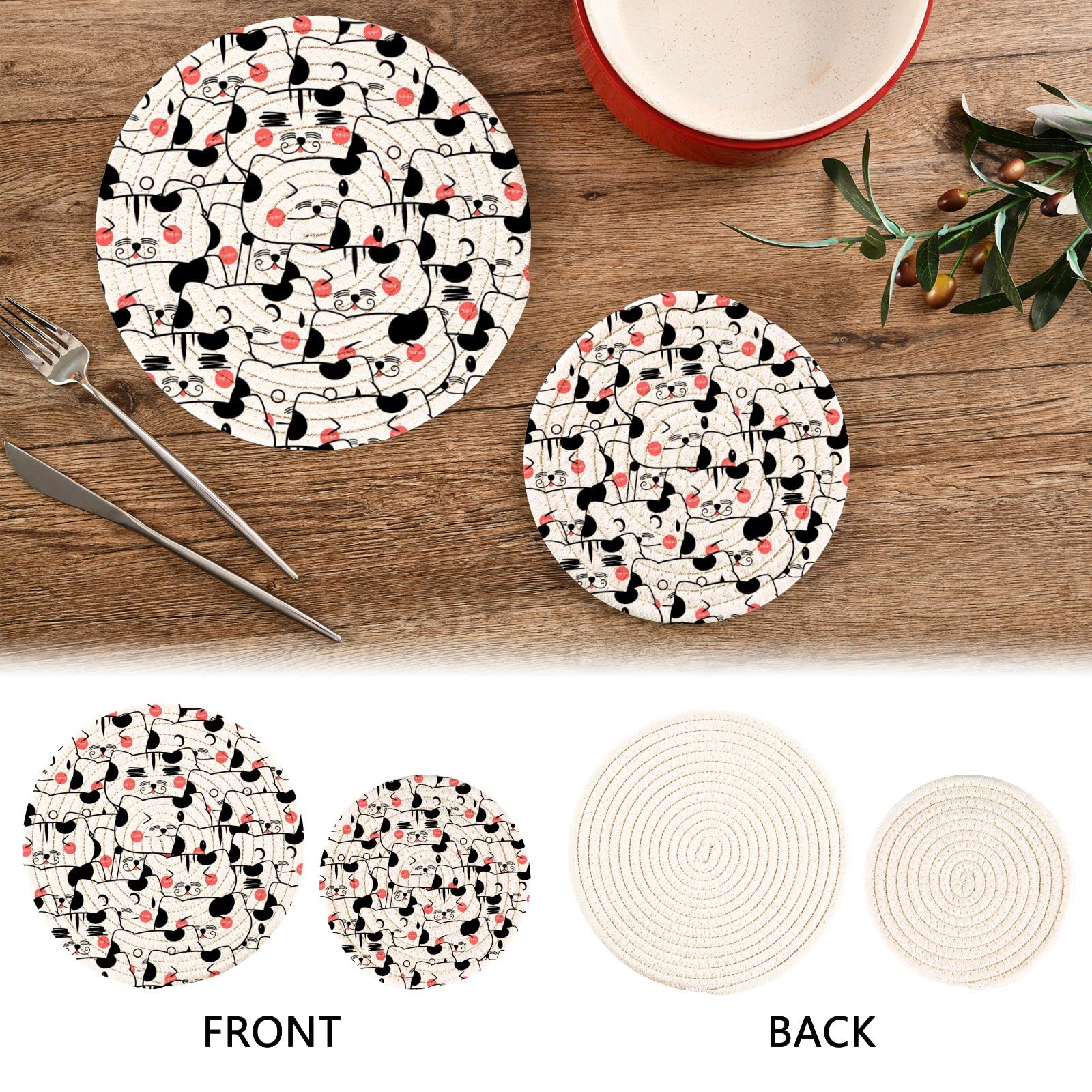 Cute Tabby Cat Pot Holders & Trivets Set of 2 - Heat Resistant Kitchen Trivets for Hot Dishes, Pans & Bowls - Funny Cartoon Cotton Woven Hot Pads - Perfect for Kitchen Decor & Gift Giving
