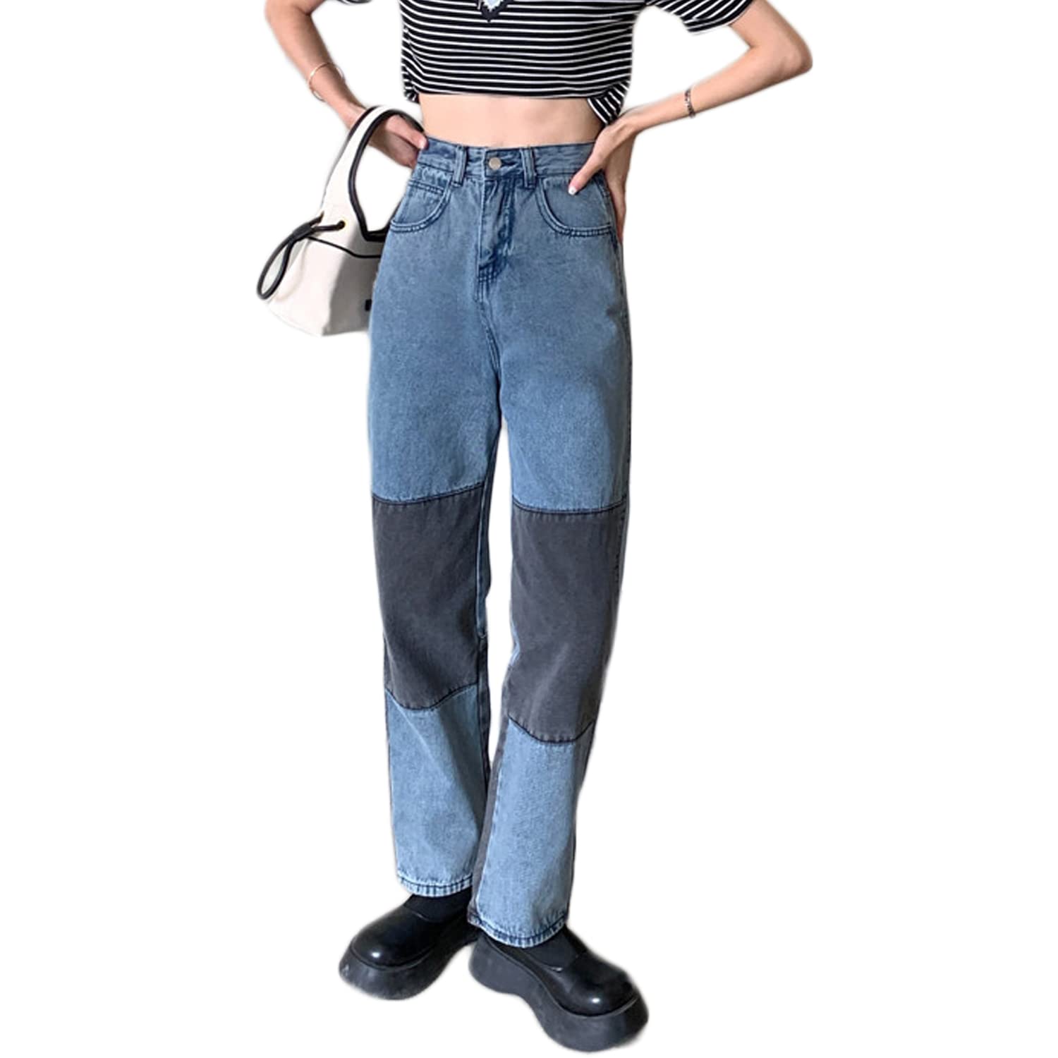 Women's High Waisted Color Block Jeans - Stretch Straight Leg Denim Pants with Patchwork Design | Trendy Casual & Office Wear for Women and Girls