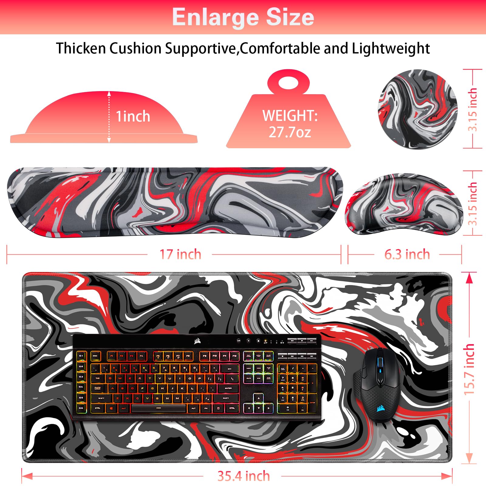 Canjoy 4-in-1 XXL Gaming Mouse Pad Set - 35.4×15.7 Inch Extended Desk Mat with Memory Foam Wrist Rest & Coaster - Non-Slip Office Desk Accessories for PC, Laptop, Gaming Setup - Perfect for Home Office, Workstation & Esports