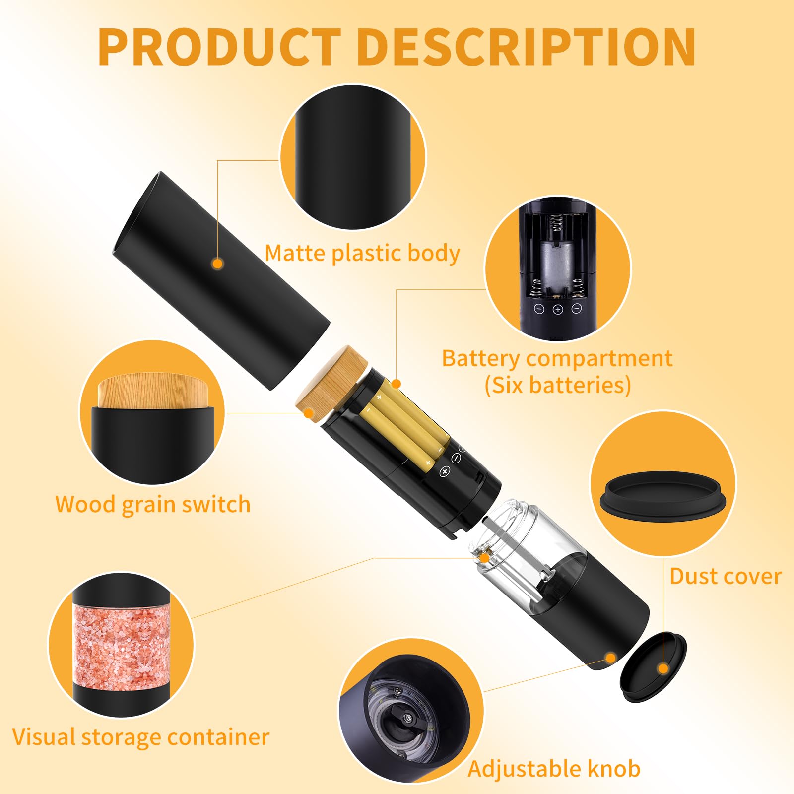 Premium Electric Salt and Pepper Grinder Set - 2 Pack Automatic Battery Powered Mills with Adjustable Coarseness, LED Light & One-Hand Operation - Perfect for Kitchen, Dining Table & Outdoor Cooking (Black)