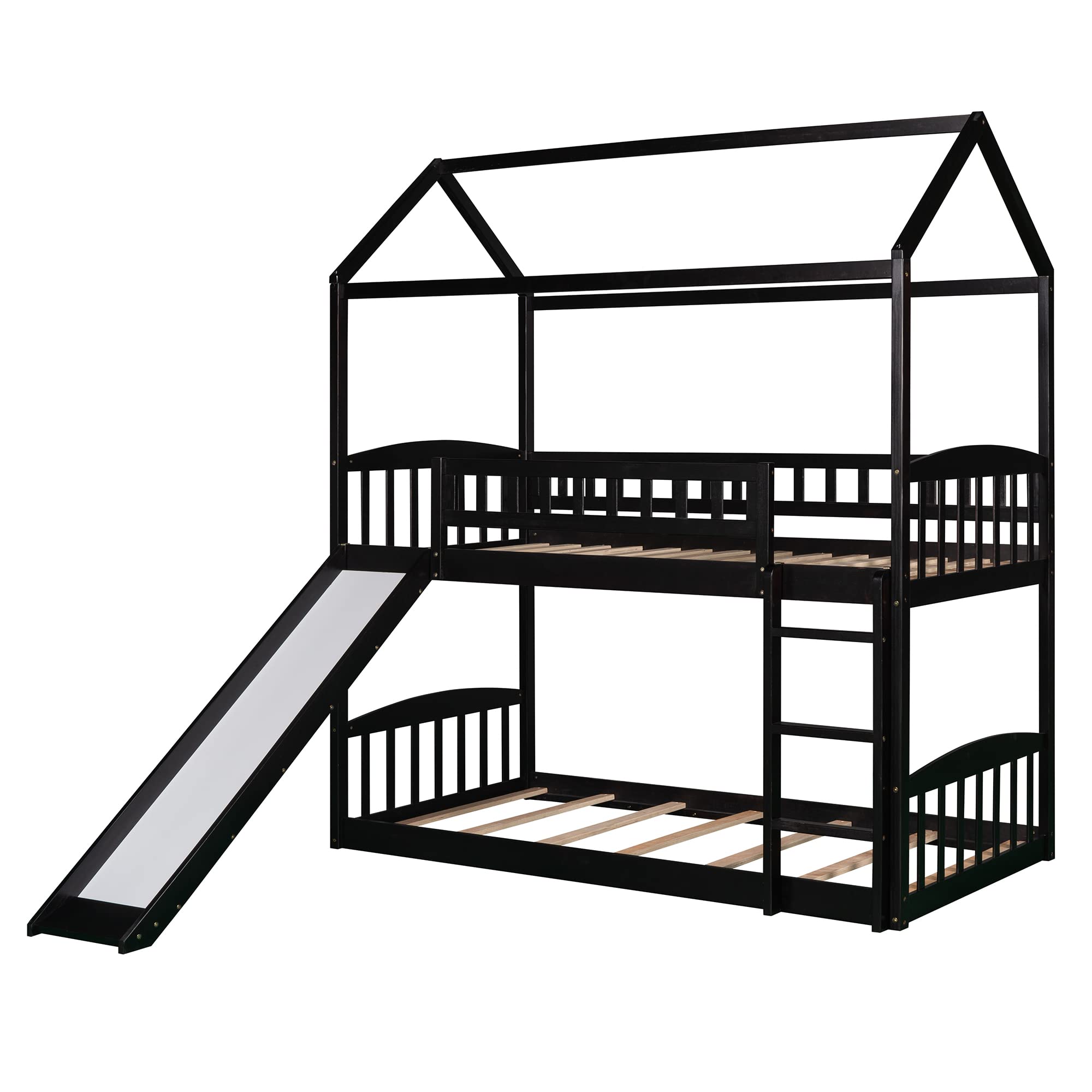 Twin Over Twin Bunk Bed with Slide and Roof - Solid Wood House Bed Frame for Kids, Teens & Adults - No Box Spring Needed - Espresso Finish - Perfect for Small Bedrooms, Guest Rooms & Vacation Homes