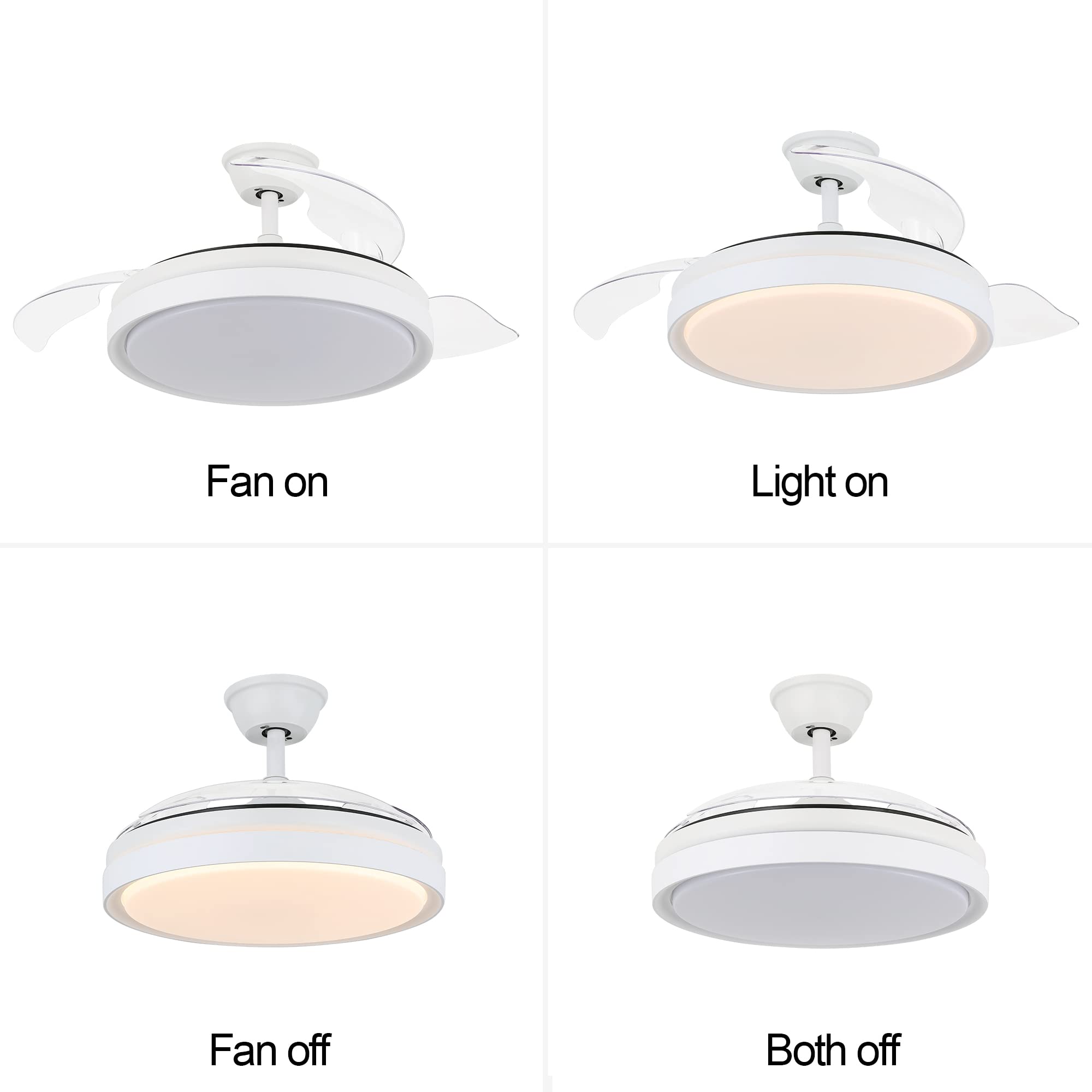42 Inch Retractable Ceiling Fan with LED Lights & Remote Control - Modern Smart Fan with Adjustable Blades, 6 Speed DC Motor, 3 Color Temperatures & Timer - Perfect for Bedroom, Living Room & Office